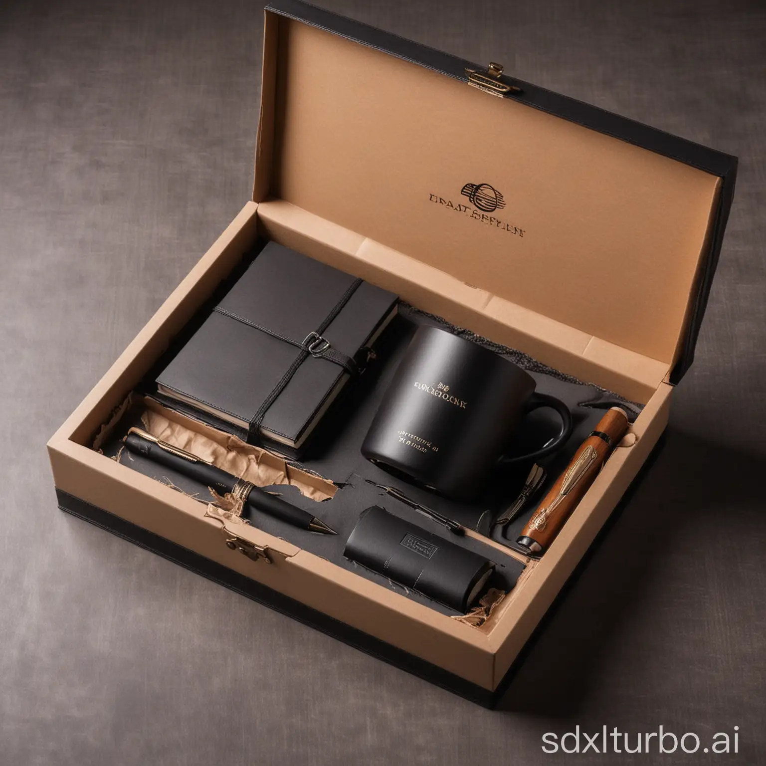 A variety of corporate gifts, such as mugs, pens, and notebooks, are neatly arranged in a gift box. The box is made of a high-quality material and has a luxurious look.
