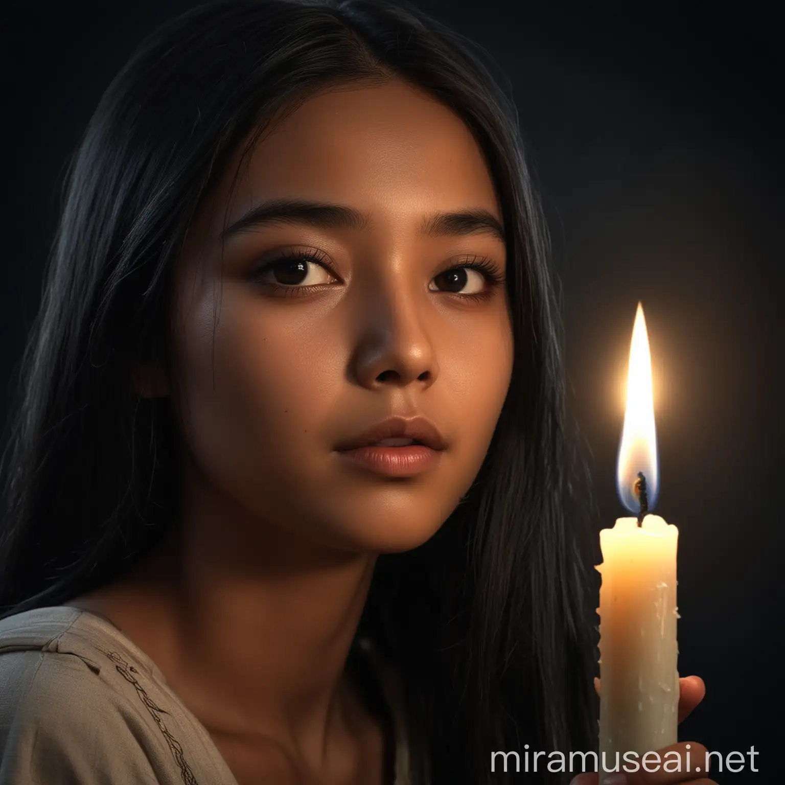 a Indonesian girl with long black hair holding a lit candle under her chin. The candle light illuminates part of her face. To the side of the girl is writing 'Vel Nays' clearly and correctly readable. A dark, ultra realistic HDR extreme background