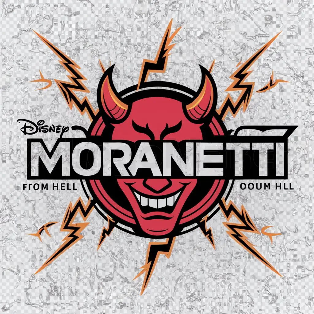 a logo design,with the text "Moranetti", main symbol:Devil from hell in the form of Disney , around him fly lightning,complex,be used in Entertainment industry,clear background