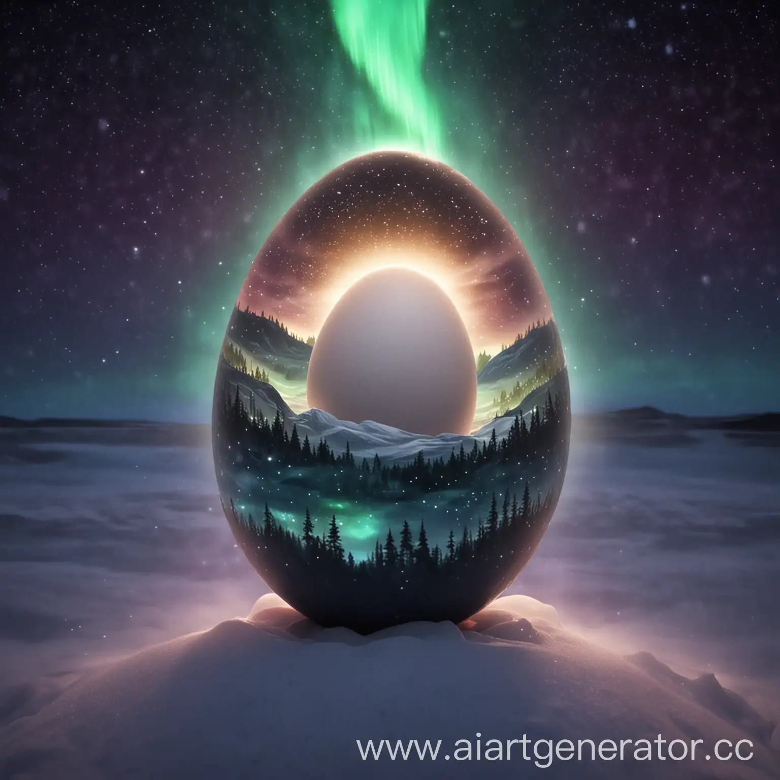 одно белое яйцо в другом яйце окружённое звездным северным сиянием
