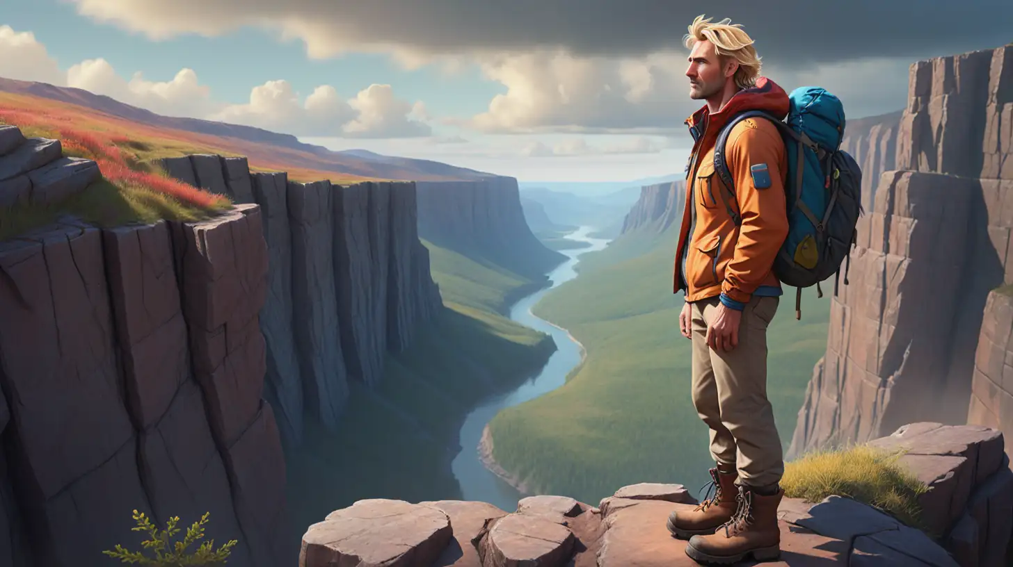 Highly detailed, fantastical style animation with vibrant colors and dramatic, soft lighting, of a rugged, blonde man in his mid-30s named Jack. He has a fit and athletic build, stands 6'2" (188 cm) tall, with short, tousled blonde hair, blue eyes, and a light tan complexion. He is wearing outdoor adventure gear, including a sturdy jacket, hiking boots, and a backpack. He is standing at the edge of a cliff, looking out over a breathtaking landscape with a thoughtful expression.