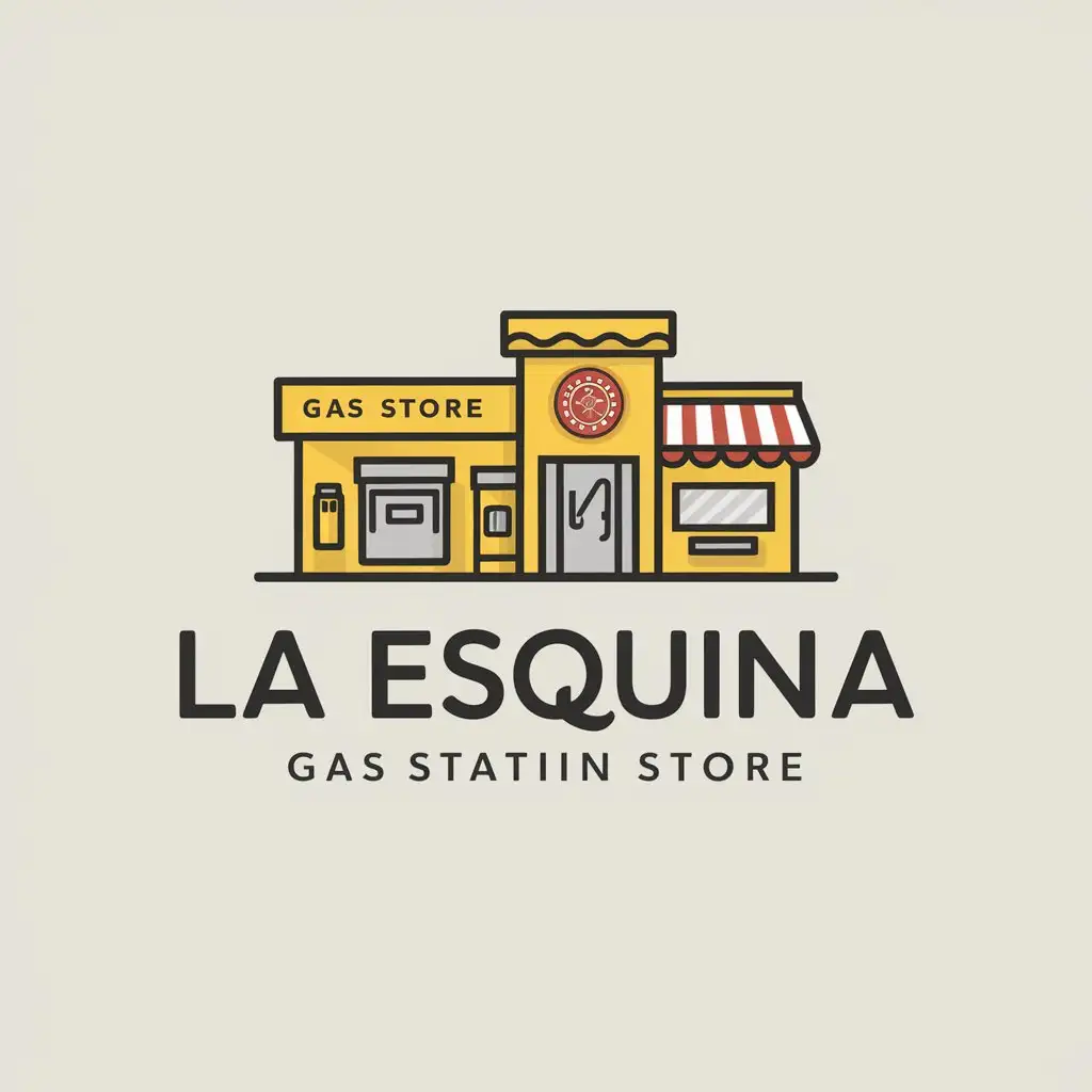 a logo design,with the text "LA ESQUINA", main symbol:CORNER STORE GAS STATION WITH TAQUERIA YELLOW AND RED COLORS, MEXICAN THEMED,Moderate,be used in Travel industry,clear background