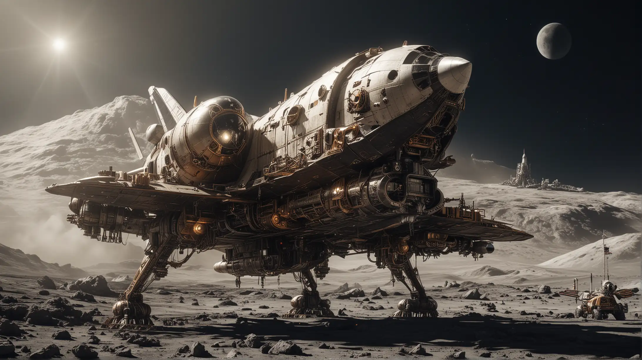 a steampunk space shuttle on the moon