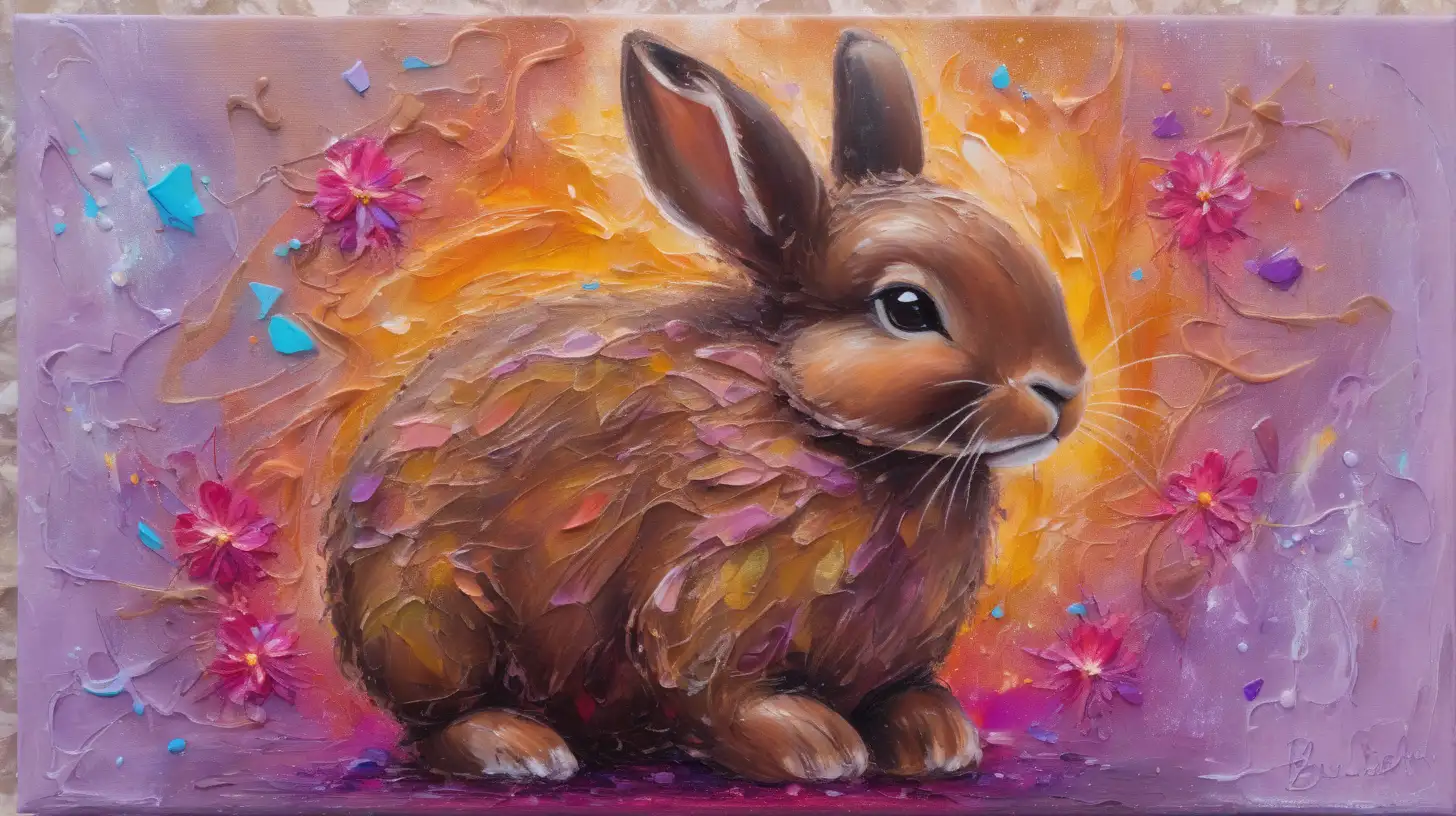 Adorable Brown Bunny Surrounded by Vibrant Abstract Florescent Colors and Magical Turquoise Glow