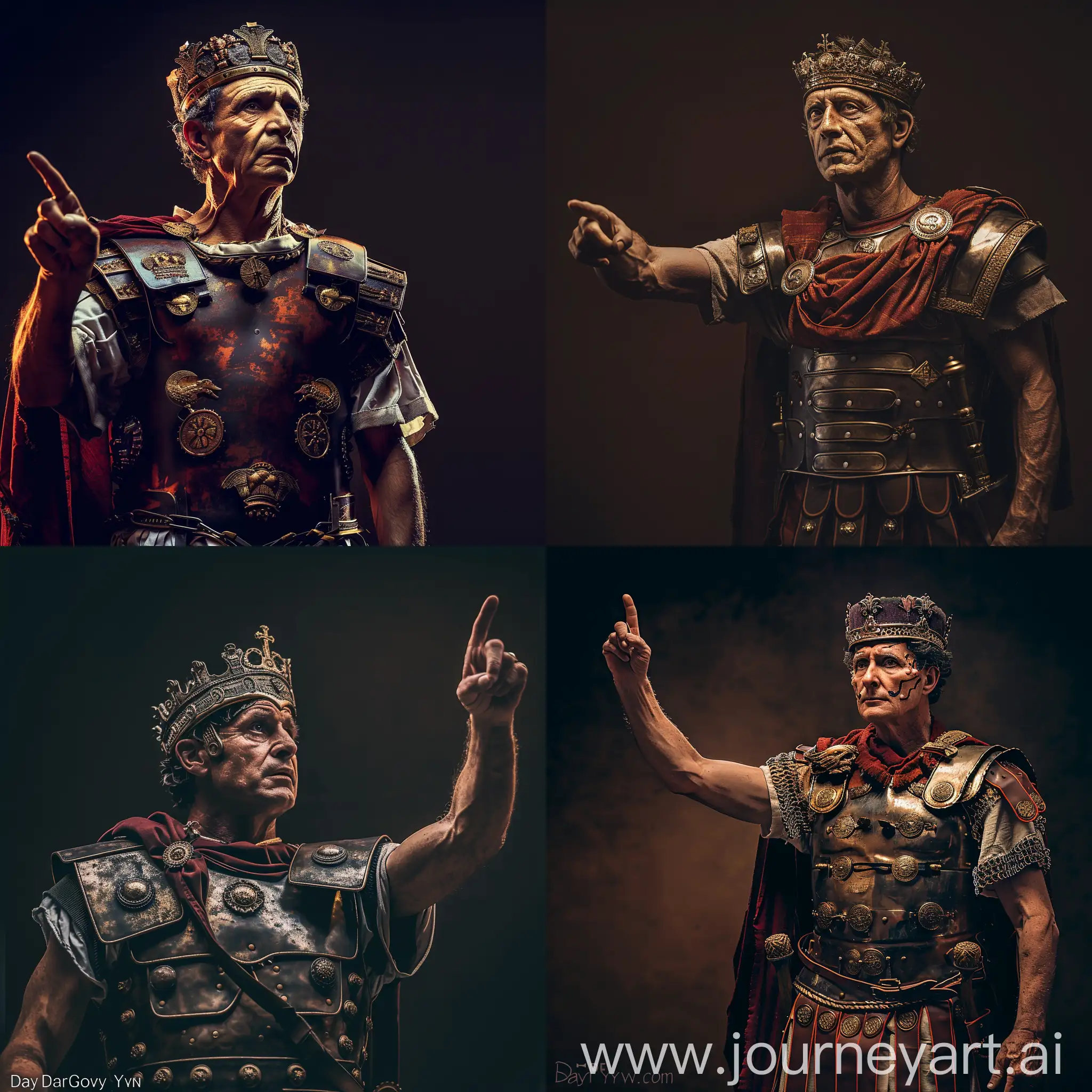 Roman Emperor Augustus standing tall, in Roman Emperor armor, detailed face, wearing Civic Crown, Ancient Rome, pointing far with his finger, cinematic lighting, photography by Danny Lyon