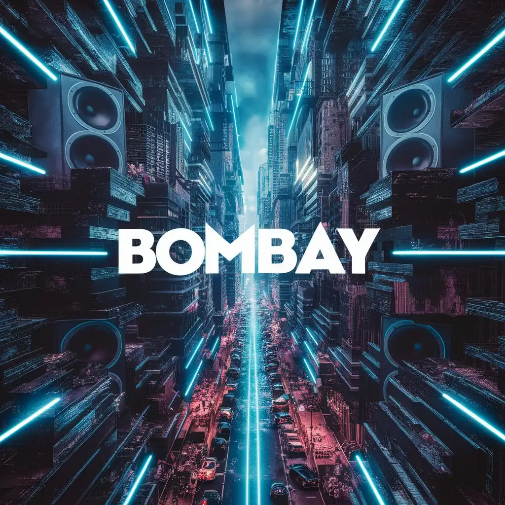 create a 3d album cover name ''BOMBAY'', neon blue lights and big speakers