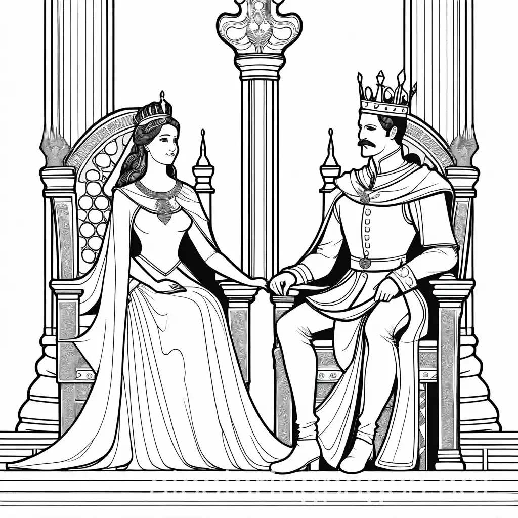 Beautiful Queen sitting on a  throne beside the king who is also sitting on a throne and holding a sceptre in his hand in his palace, ample white background, simplistic, colouring pages, white and black, Coloring Page, black and white, line art, white background, Simplicity, Ample White Space. The background of the coloring page is plain white to make it easy for young children to color within the lines. The outlines of all the subjects are easy to distinguish, making it simple for kids to color without too much difficulty