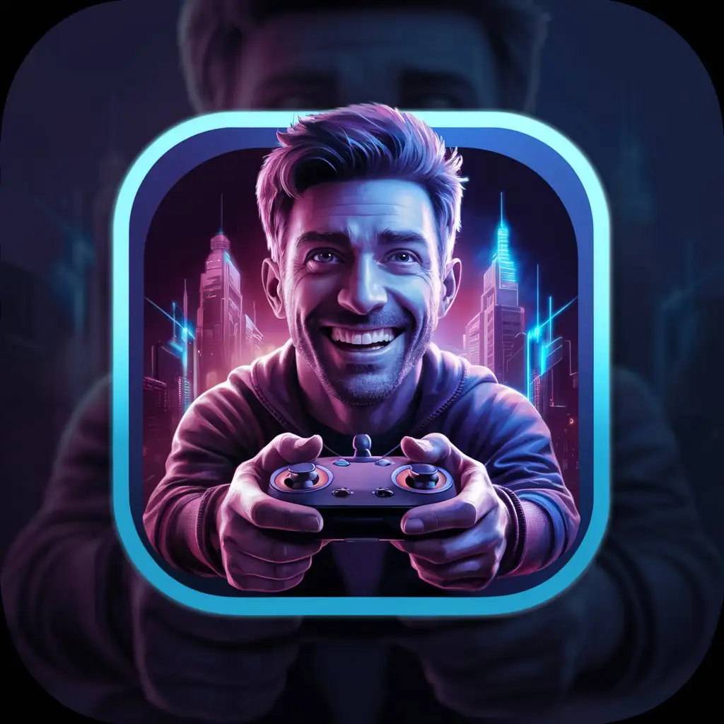 Cheerful-Gamer-Holding-Gamepad-in-Futuristic-Setting