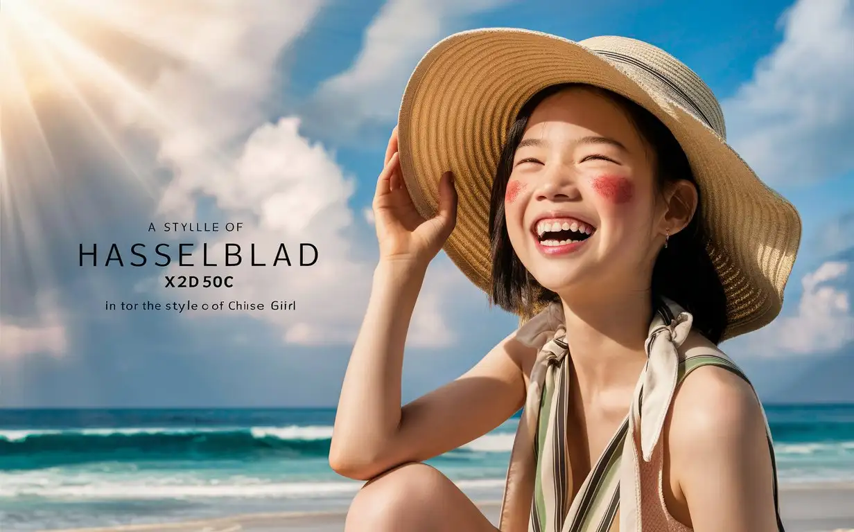 Portrait of a Chinese girl, laughing, 16 years old, wearing a hat, in summer clothing, with very light red blush, in a close-up shot, with sunlight, outdoors, in soft light, against a beach background, looking at the camera, with high resolution photography, in the style of Hasselblad X2D50c