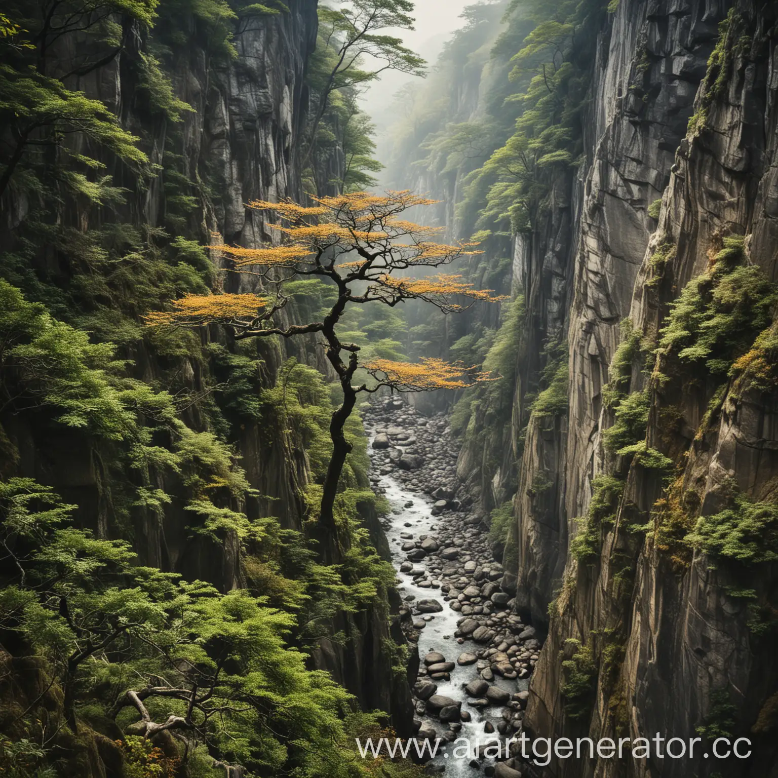 ущелье горы в Японии, посередине дерево