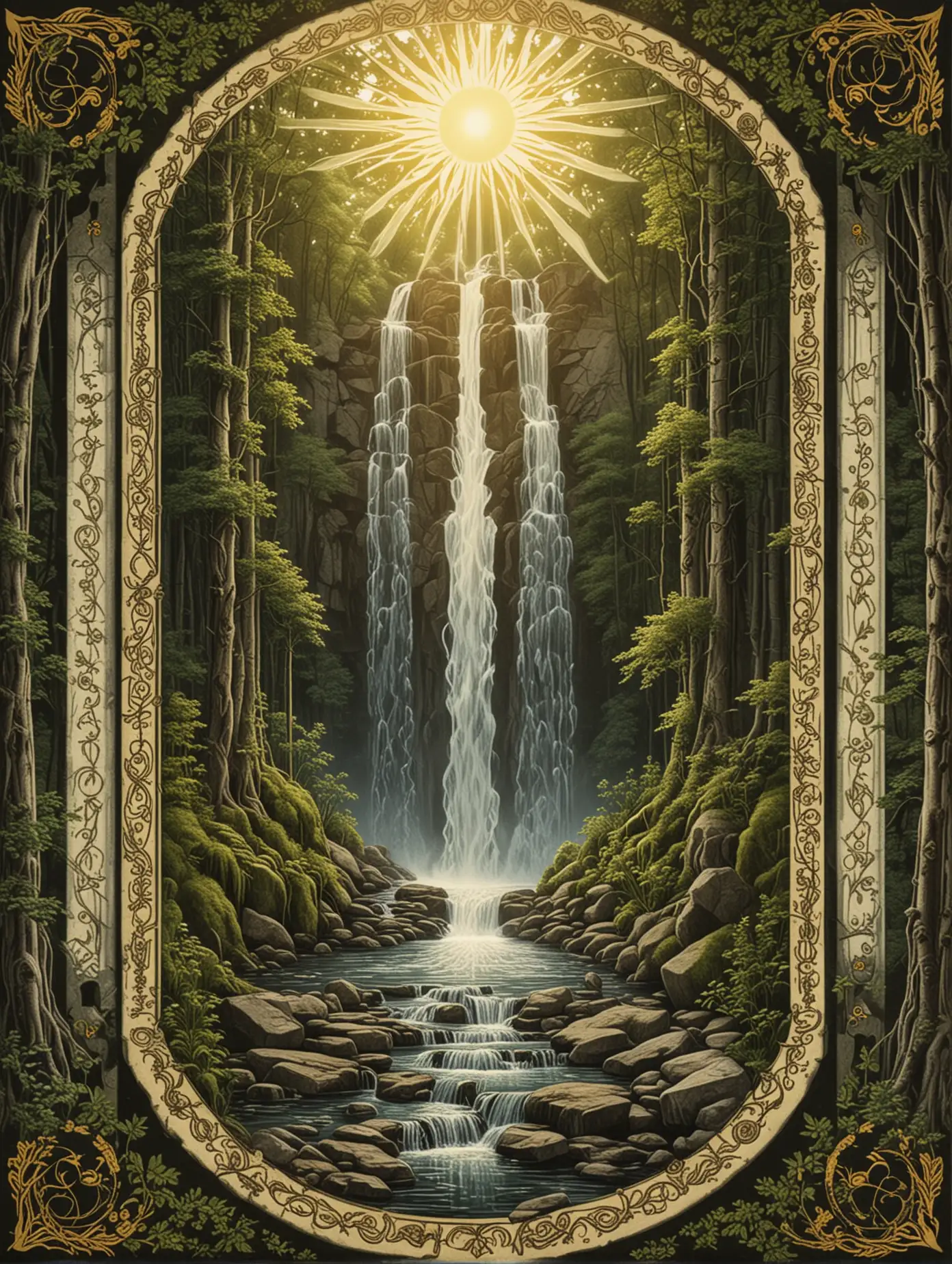 Slavic-Style-Tarot-Card-with-Symmetrical-Forest-Waterfall-and-Sun