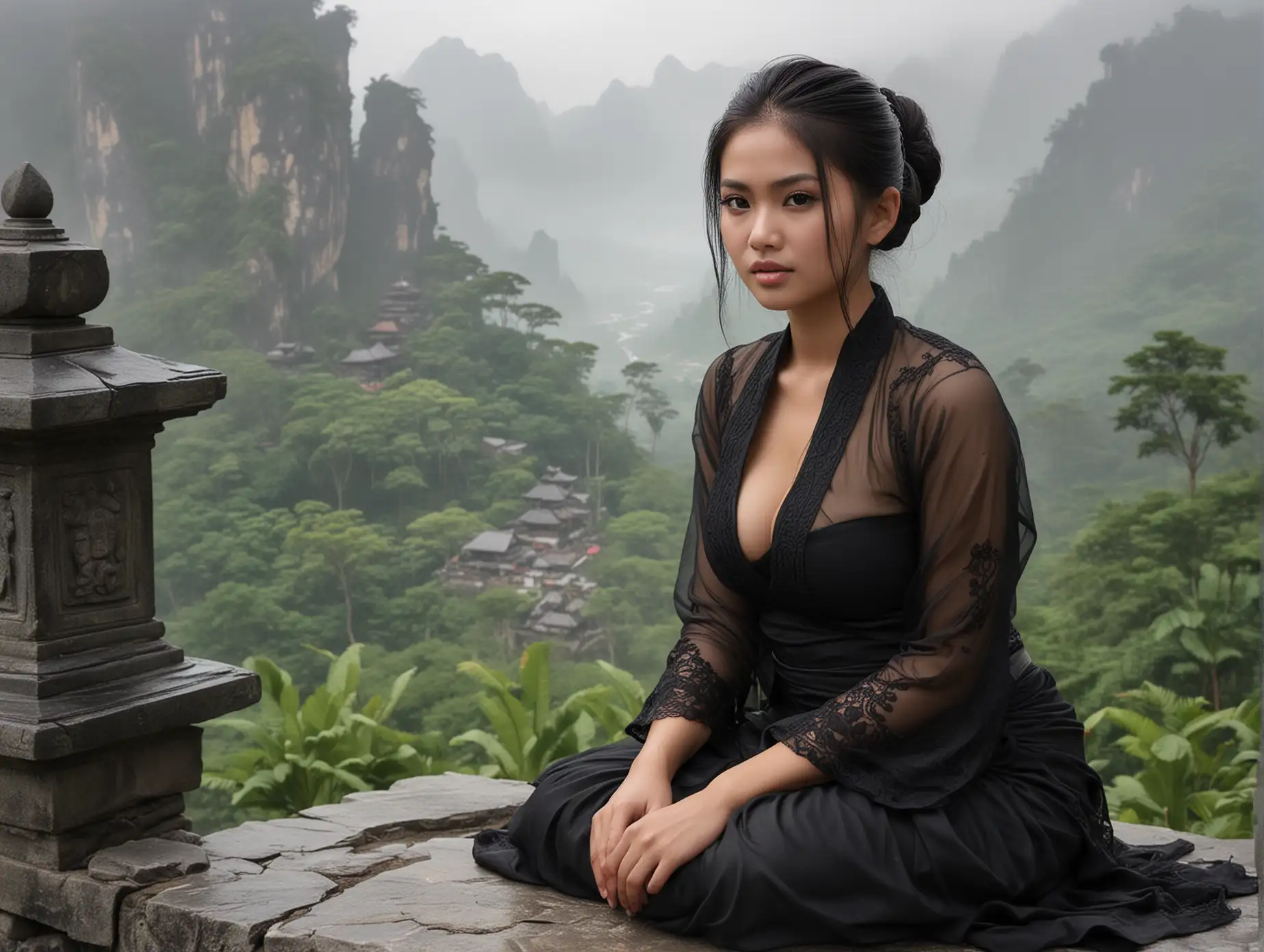  Indonesian woman (18 years old) with (hair tied up). Wearing a black kebaya. Sexy cleavage, She sits on a foggy Indonesian temple stone with a cloudy valley. Voluptuous, very realistic, voluptuous body

(Translation)
Attractive Indonesian woman (18 years old) with (her hair tied up). She is wearing a black kebaya. Revealing cleavage, she sits on a foggy Indonesian temple stone with a cloudy valley. Voluptuous, very realistic, voluptuous body.