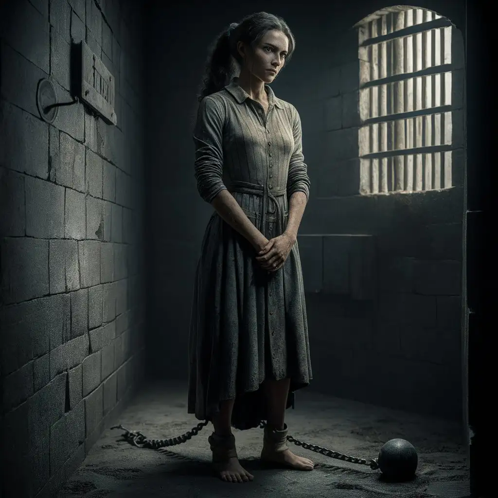 Young Woman Prisoner in 1800s Texas Jail Cell with Iron Ball