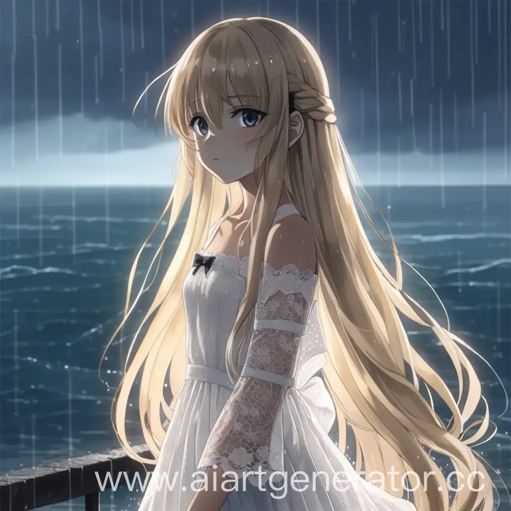 аниме, девушка с очень длинными блондинистыми волосами, с глазами чёрного цвета, в белом кружевном платье, на фоне моря, под дождём 