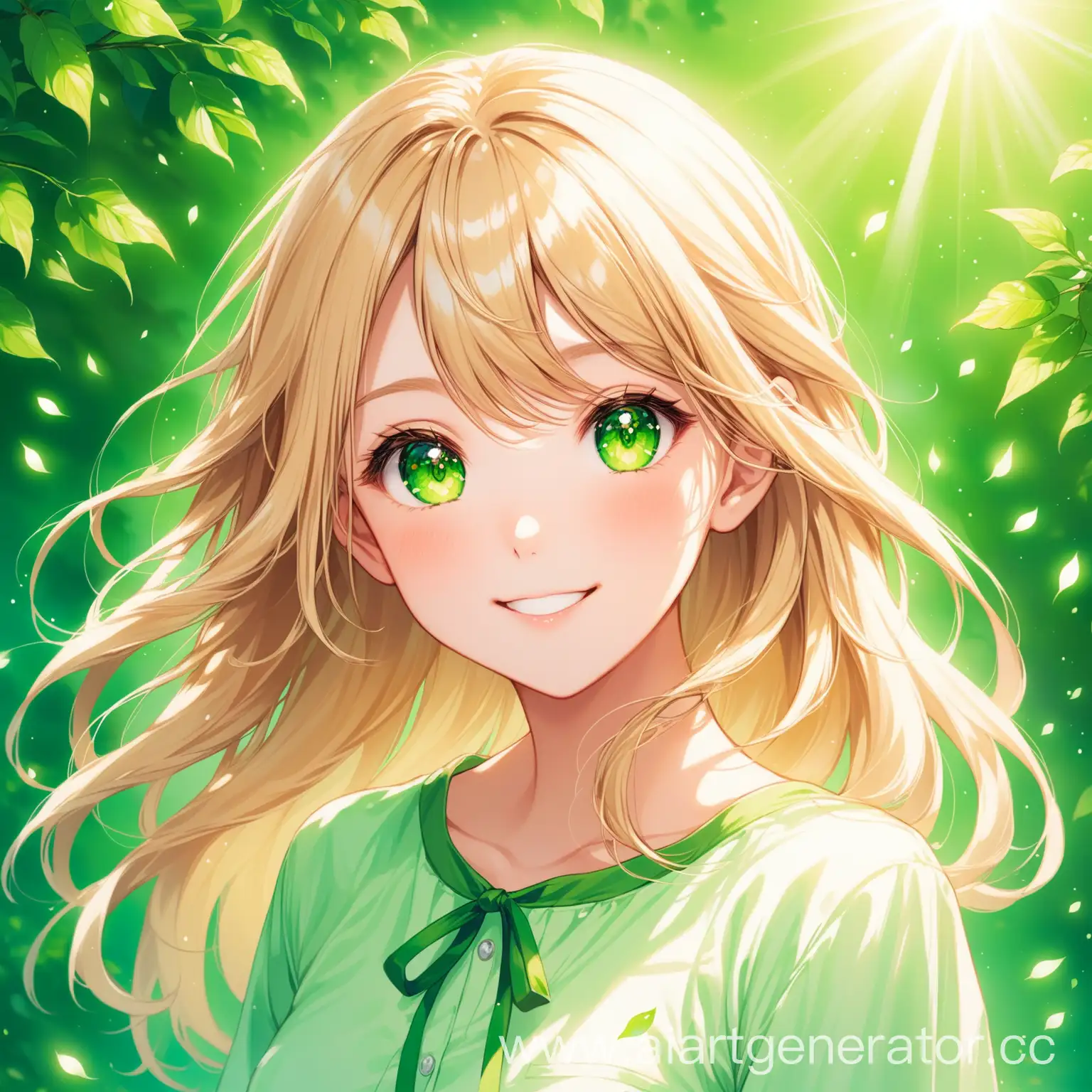Девушка со светлыми волосами и радостными зелеными глазами