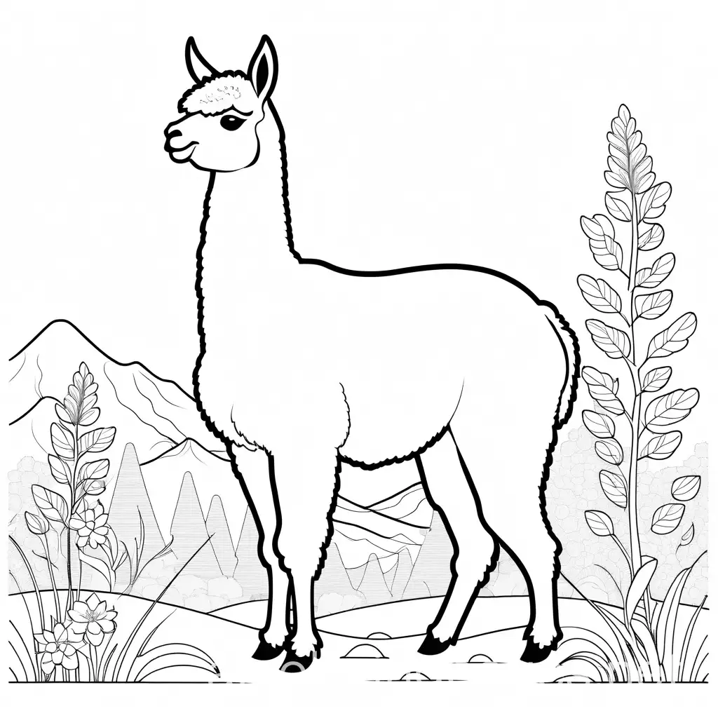 Alpaca, Coloring Page, black and white, line art, white background, Simplicity, Ample White Space. The background of the coloring page is plain white to make it easy for young children to color within the lines. The outlines of all the subjects are easy to distinguish, making it simple for kids to color without too much difficulty