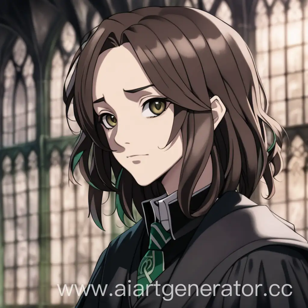 Severus Snape, Girl, Brown Hair Short, Eyes Gray, Slytherin, Anime