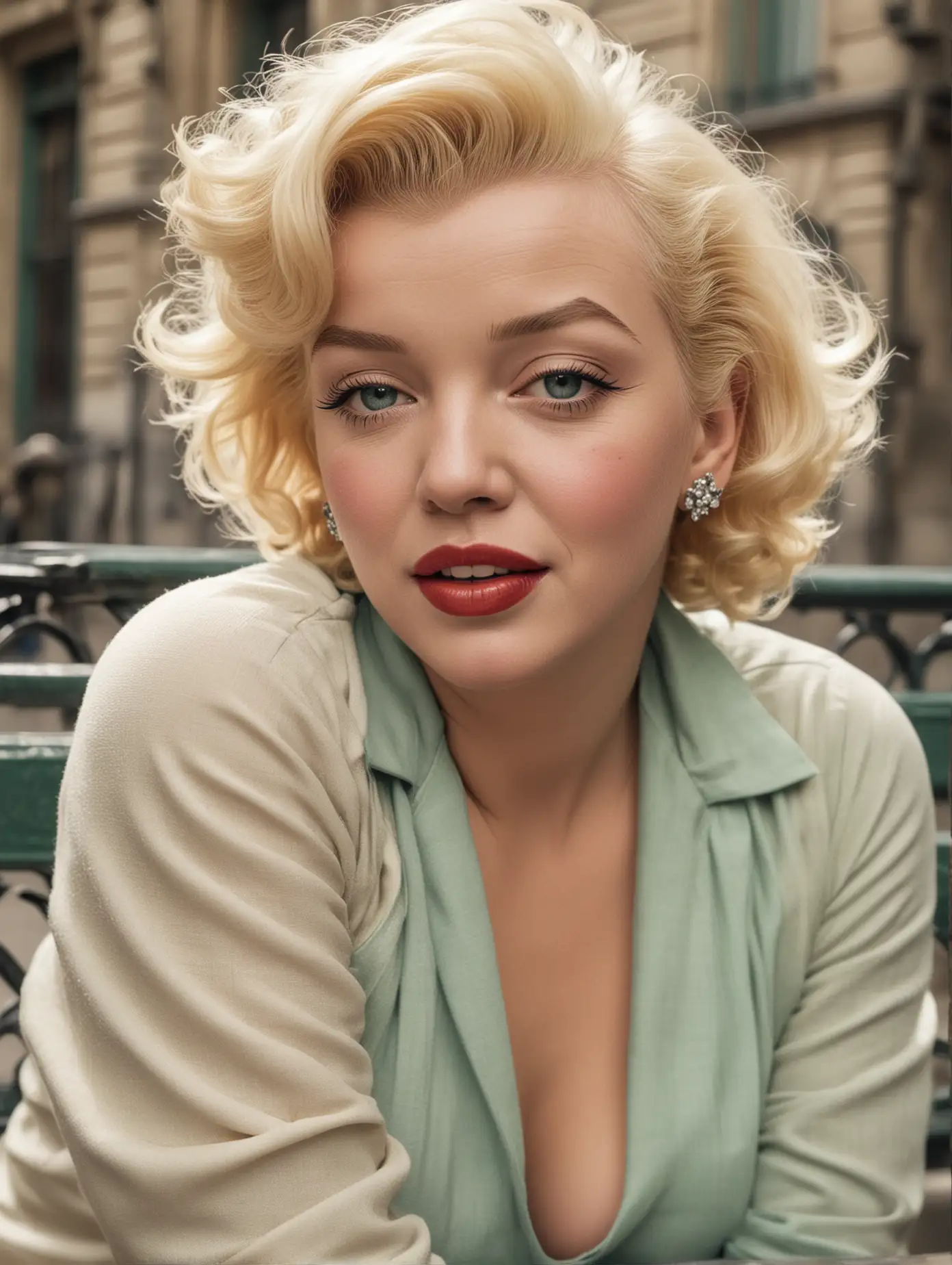 Marilyn Monroe on a Parisian bench, face detailed, colorized 