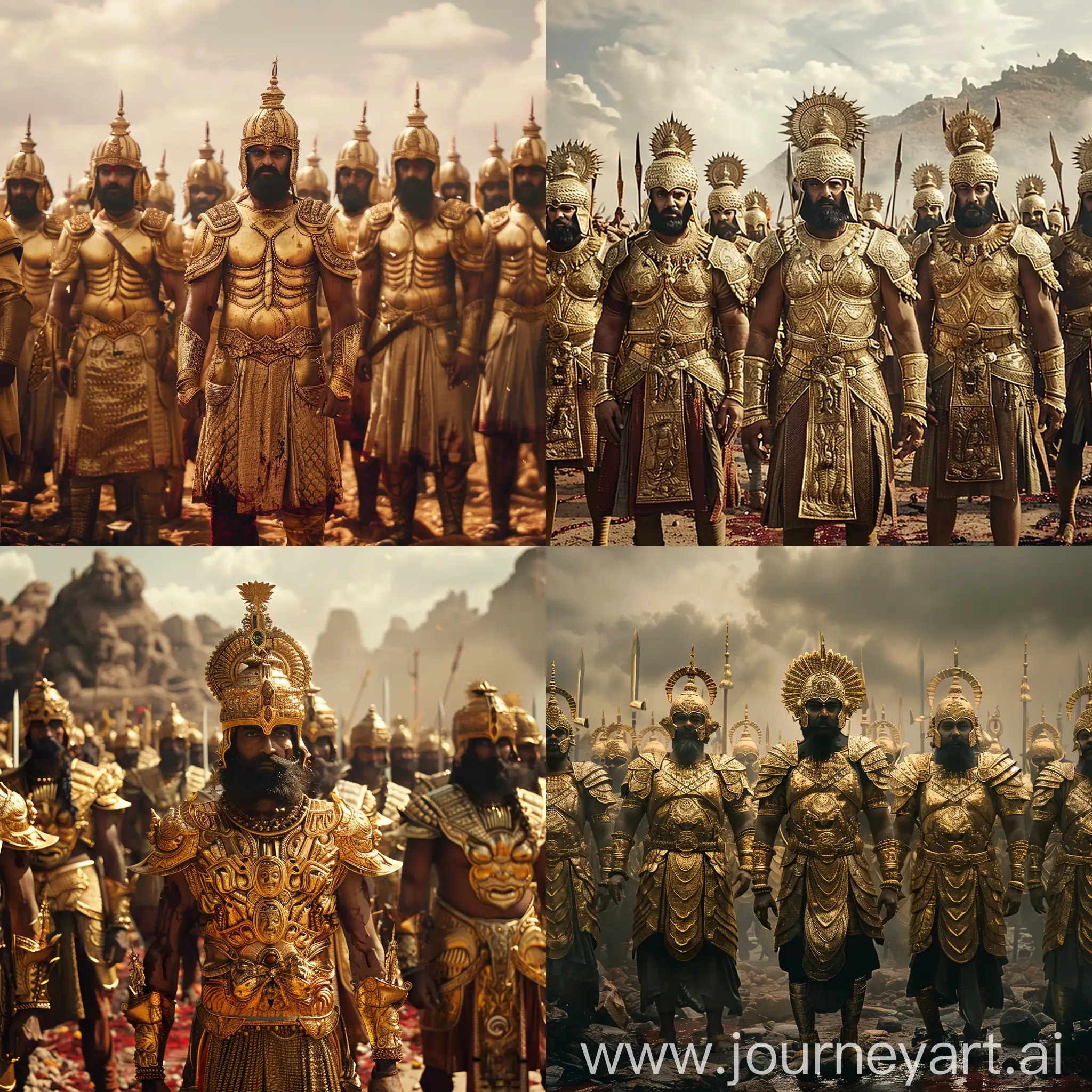 10 ancient hindu kings wearing golden armor proudly standing in a bloody battlefield facing the camera, cinematic