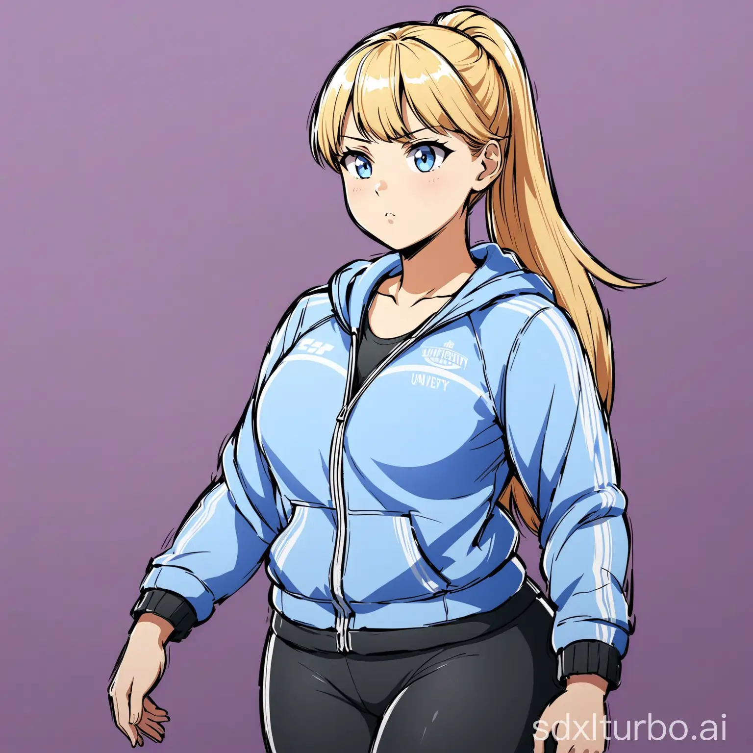 A scandinavian thin low stature blonde teen girl, with curvy long hair, with bangs and pony tail, blue eyes, with grey-violet university jacket, doing gym exercises, serious face
