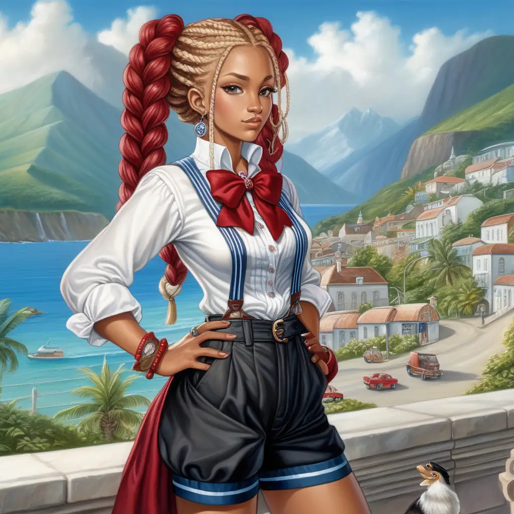An tidy Woman,  complete with sailor fuku, except hers is predominantly red and white with a blue bola tie. She stylizes her blonde hair into long, oversized Victorian Europe-style ringlets, with two small forelocks and braids encircling her head, and occasionally wears a blue bow in the back. She wears black shorts and completes her outfit with matching black socks and short, red boots. She also wears brown fingerless gloves.
A picturesque street with a majestic mountain in the background, creating a stunning natural backdrop.
,
GRANDIDIERITE Jewelry,  Necklace, Rings and earrings. High Half-Elf. Caribbean Islander woman painterly smooth, extremely sharp detail, finely tuned, 8 k, ultra sharp focus, illustration, illustration, art by Ayami Kojima Beautiful Thick Sexy Caribbean women 