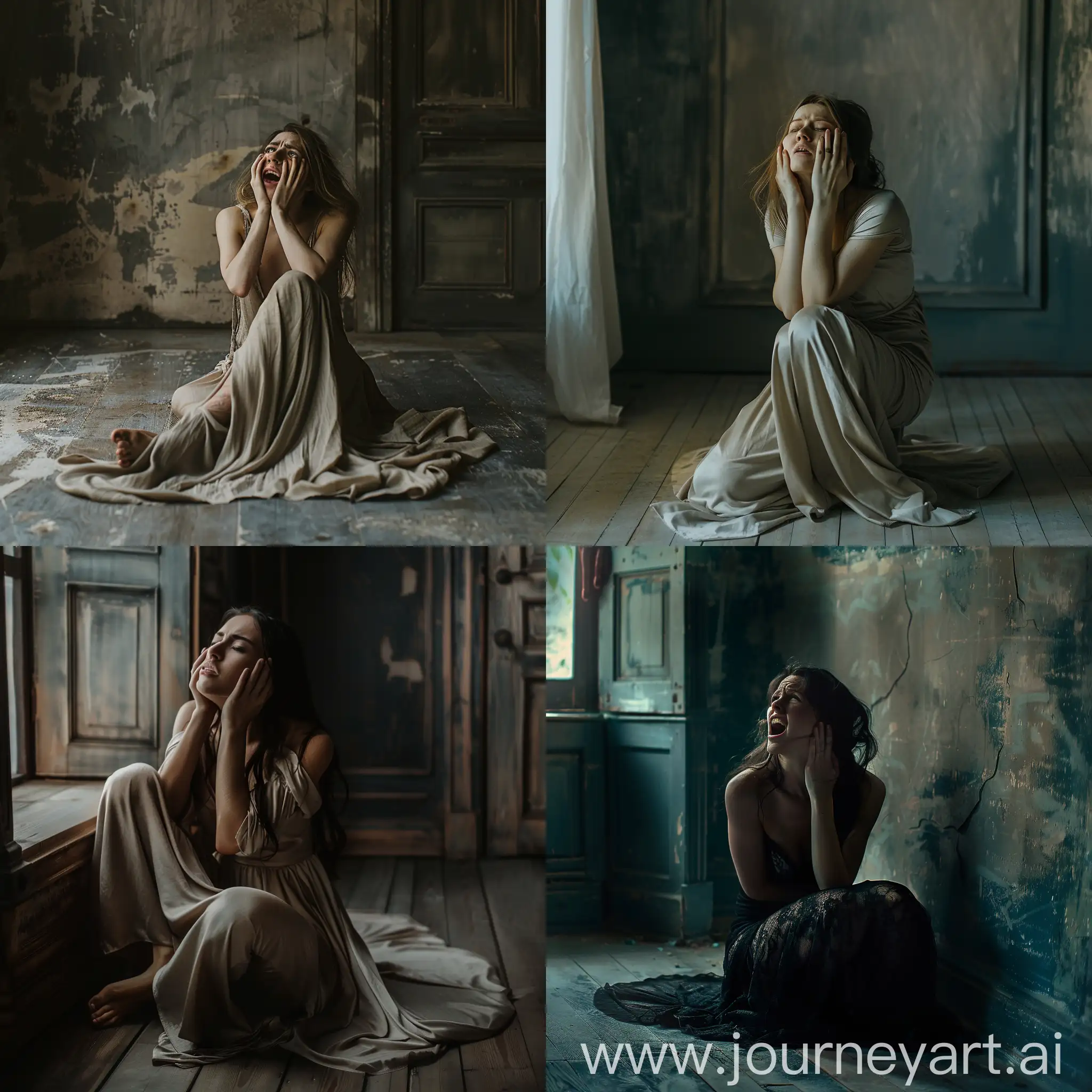 Side full body photo of A beautiful young woman wearing long dresss, sit on floor, screaming,hands holding a cheeks, looks depressed, on middle or room, gloomy image style, Dimmed, image taken from side