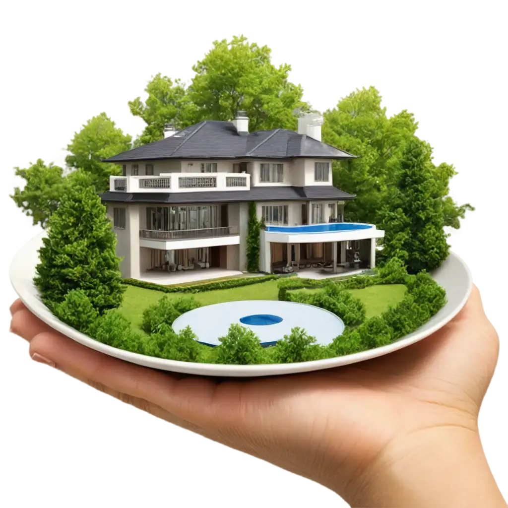 Hand on top of plate on plate luxurious house Few trees around the house
