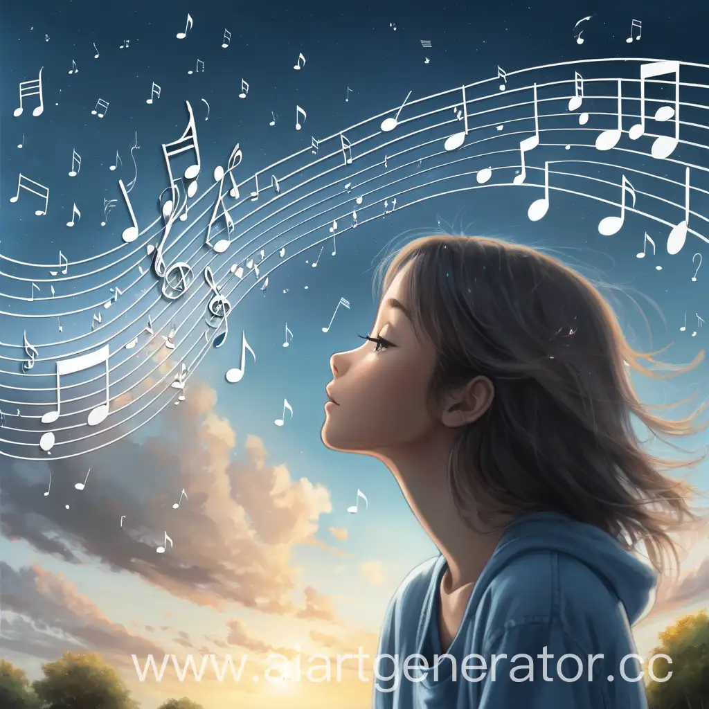Девушка смотрит на небо а на небе ноты песен