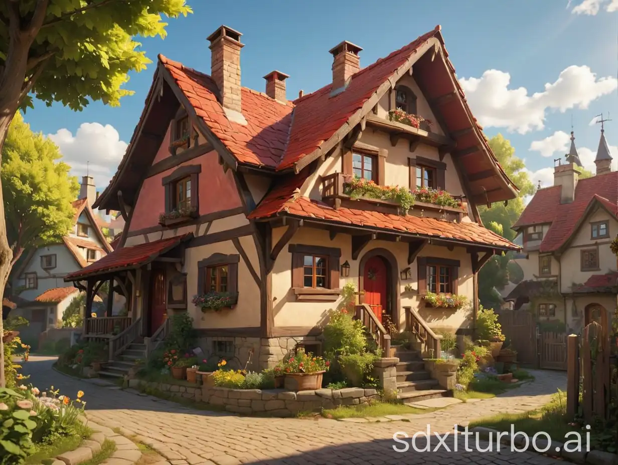 Little Red Riding Hood's home, located in a modernized town. Sunlight spills onto the roof.