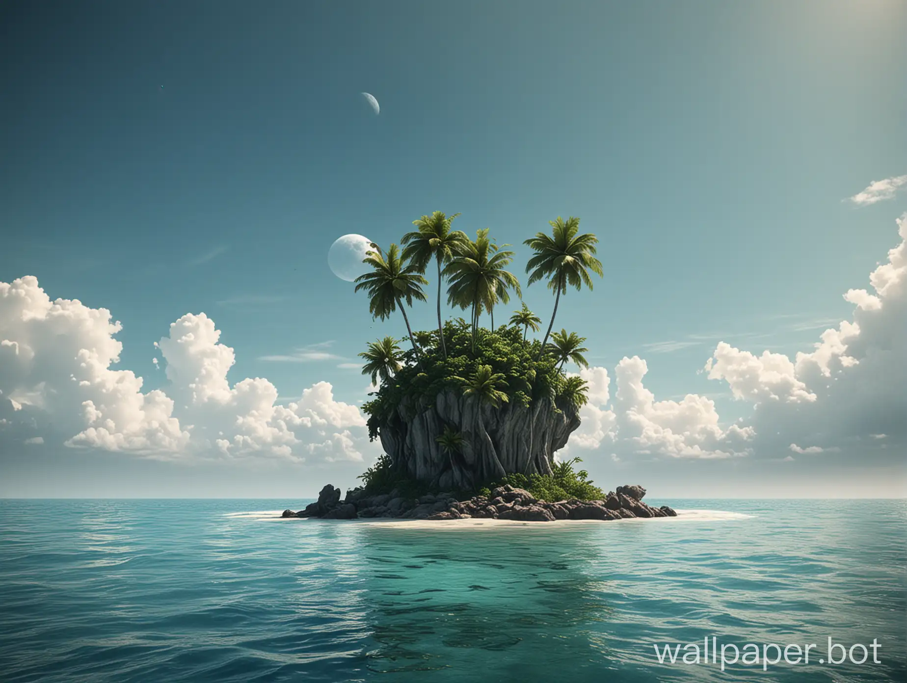 lonely tropical island on a foreign planet in the daytime with two moons in the background