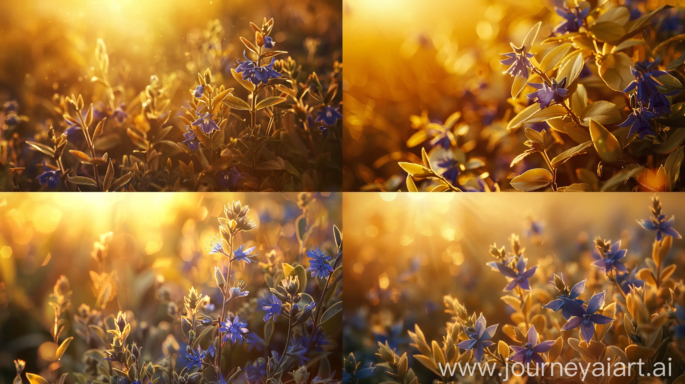 High detailed photo capturing a Tradescantia, Blue & Gold. The sun, casting a warm, golden glow, bathes the scene in a serene ambiance, illuminating the intricate details of each element. The composition centers on a Tradescantia, Blue & Gold. Commonly known as a spiderwort, Tradescantia Blue & Gold is a good plant for novice gardeners because its so easy to grow and the flowers and foliage are so attractive. It grows in many soil types, even wet, boggy sites, but it thrives in moist, well drai. The image evokes a sense of tranquility and natural beauty, inviting viewers to immerse themselves in the splendor of the landscape. --ar 16:9 