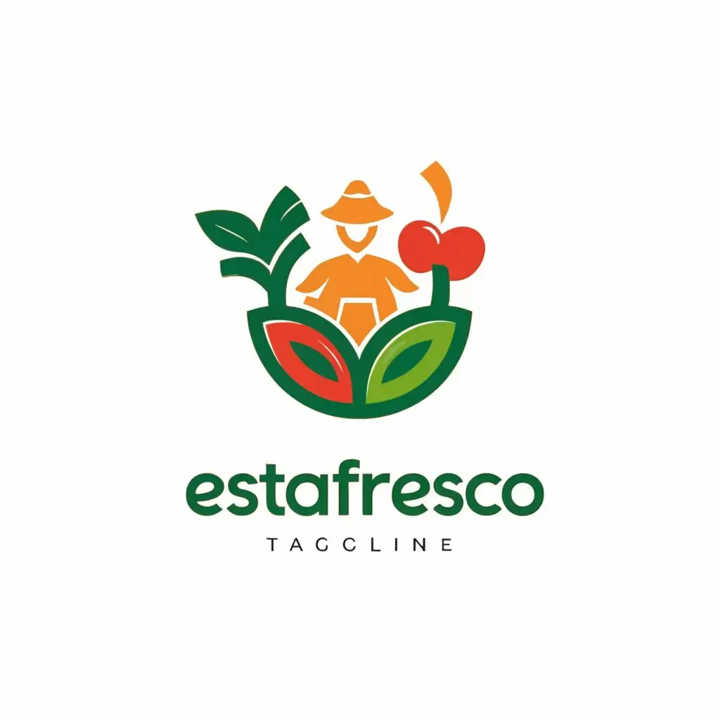 a logo design,with the text "estafresco", main symbol:real vegetables and fruits with indian farmer,Minimalistic,clear background