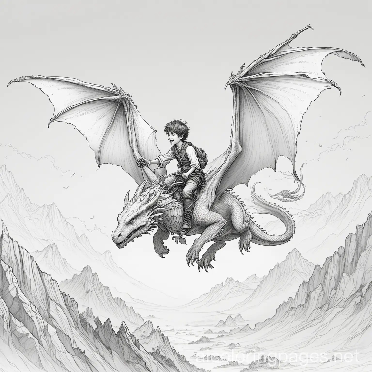boy flying away on a dragons back, Coloring Page, black and white, line art, white background, Simplicity, Ample White Space. The background of the coloring page is plain white to make it easy for young children to color within the lines. The outlines of all the subjects are easy to distinguish, making it simple for kids to color without too much difficulty
