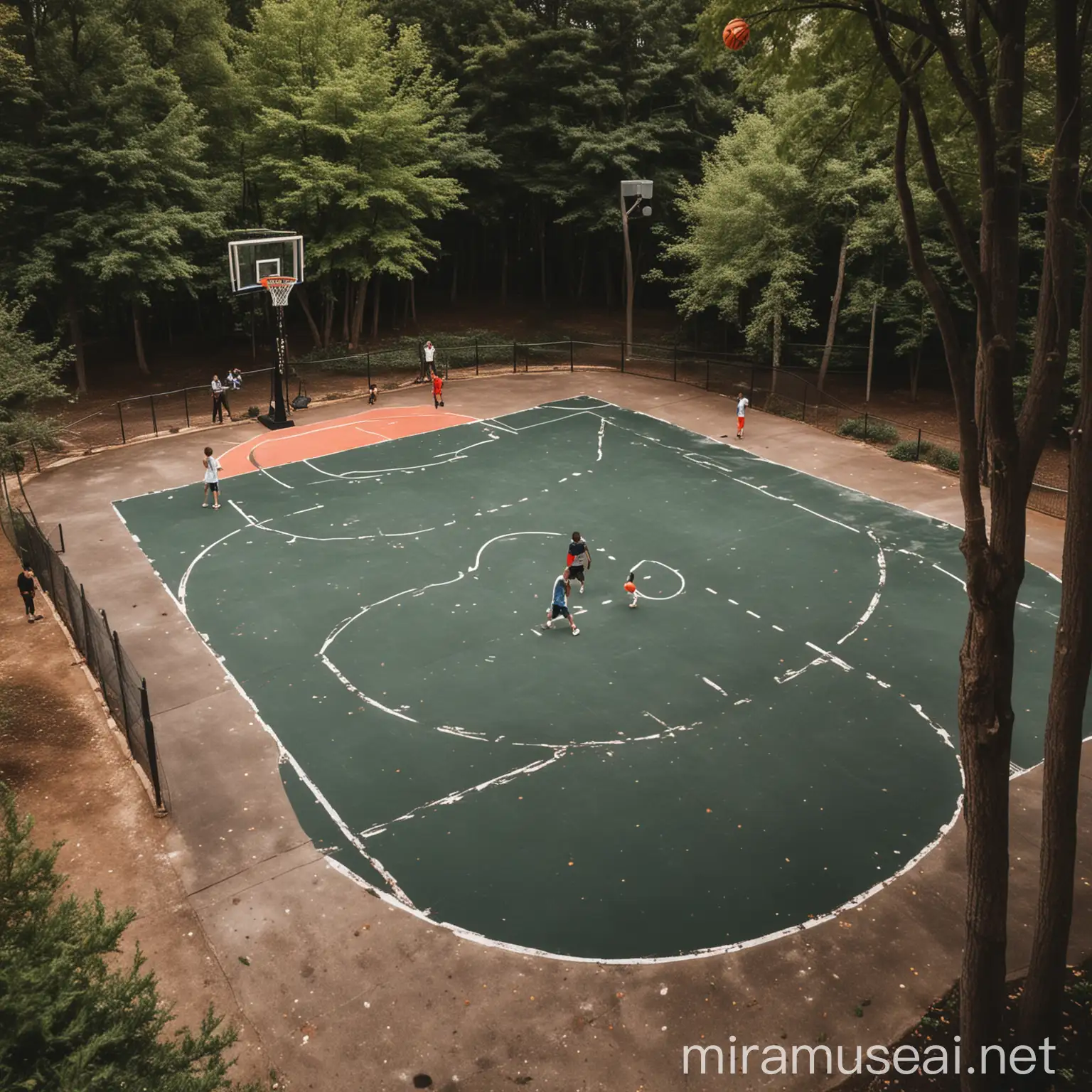 make me an ambiance of a sports basketball court surrounded by trees with kids playing basketball