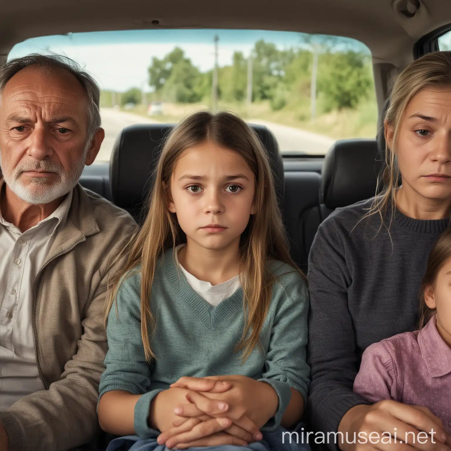 A family is sitting in a car: father, mother, grandfather, grandmother, a 10-year-old girl, and a 12-year-old boy. The girl looks uncomfortable, feels car sick.