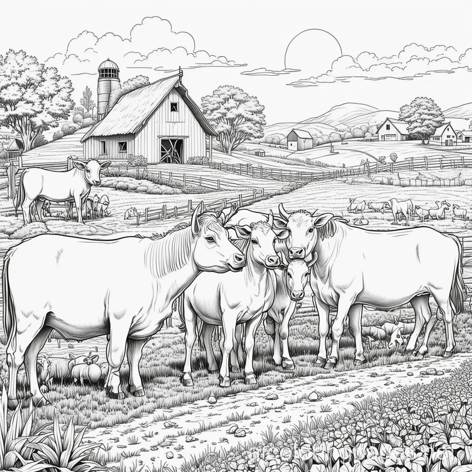 Farm animals in a farmland helping the farmer, Coloring Page, black and white, line art, white background, Simplicity, Ample White Space.