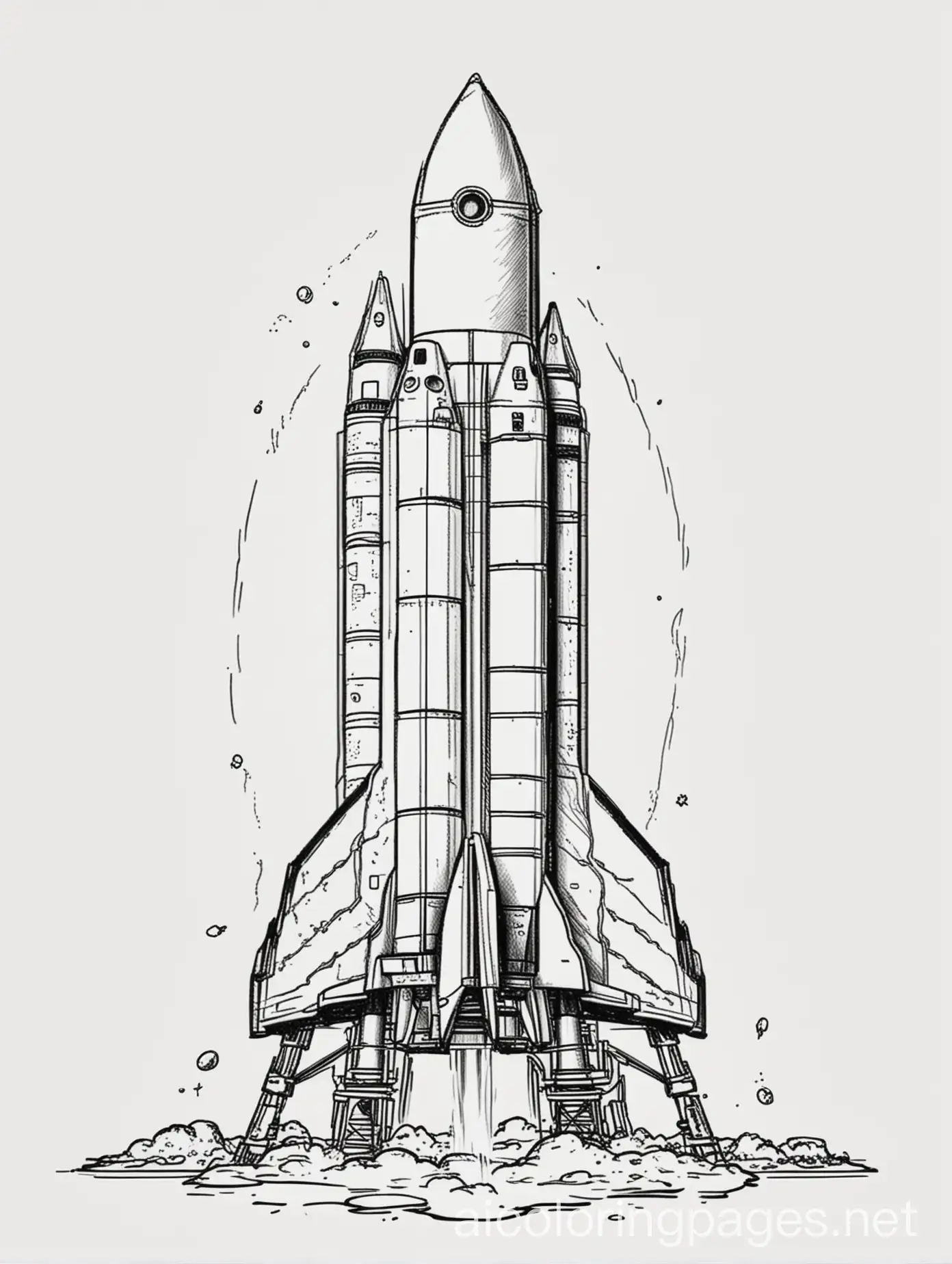 A rocket launch pad ready for lift-off, coloring page, black and white, line art, white background, Simplicity, Ample White Space. The background of the coloring page is plain white to make it easier for children to color within the lines. The outlines of all the subjects are easy to distinguish, making it simple for kids to color without too much difficulty