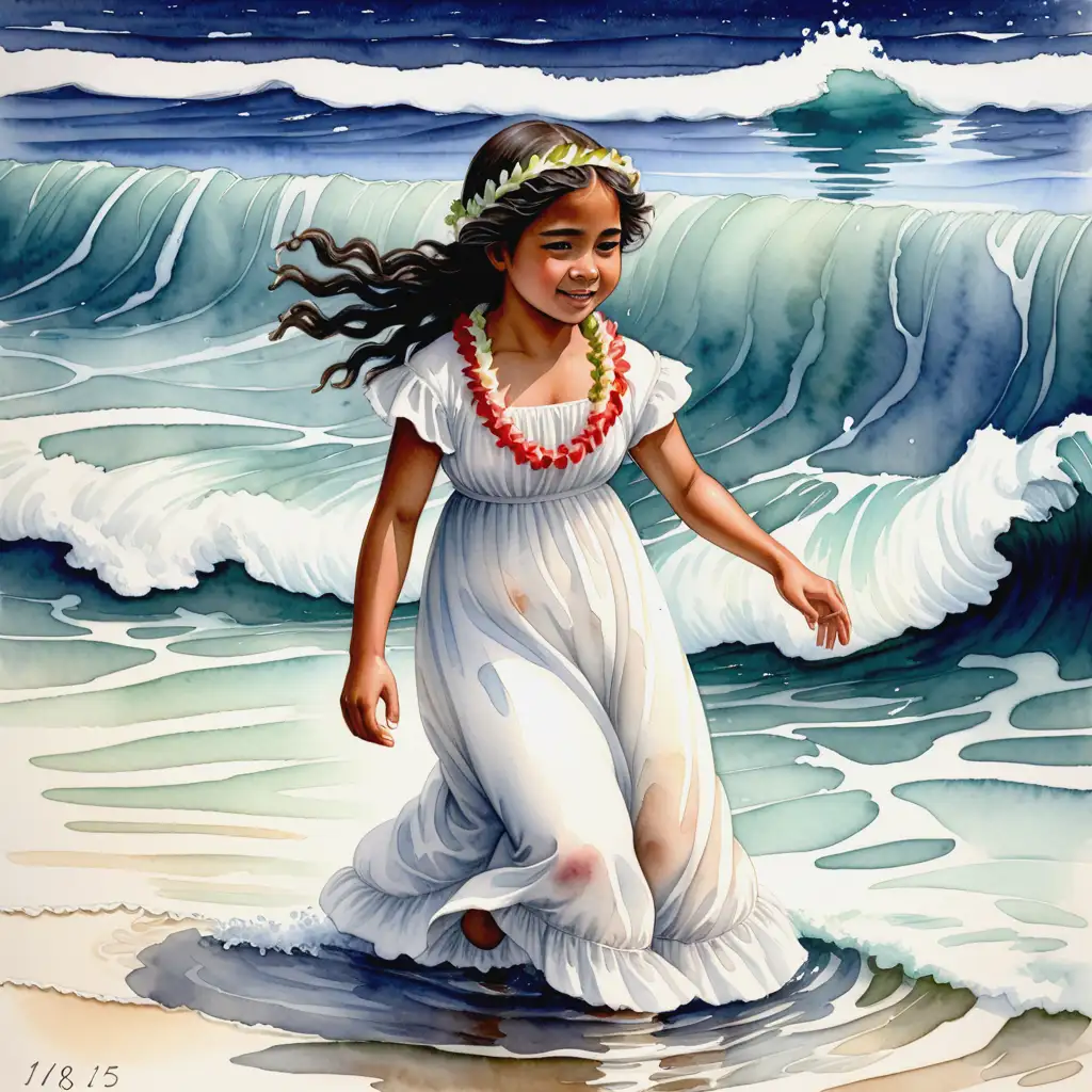 young Hawaiian girl plays in the ocean in 1815 wearing white dress- watercolor art