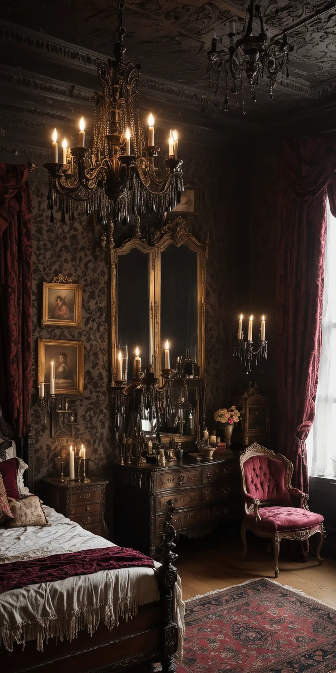 Victorian Gothic Elegance Bedroom with FourPoster Bed and Velvet Drapes