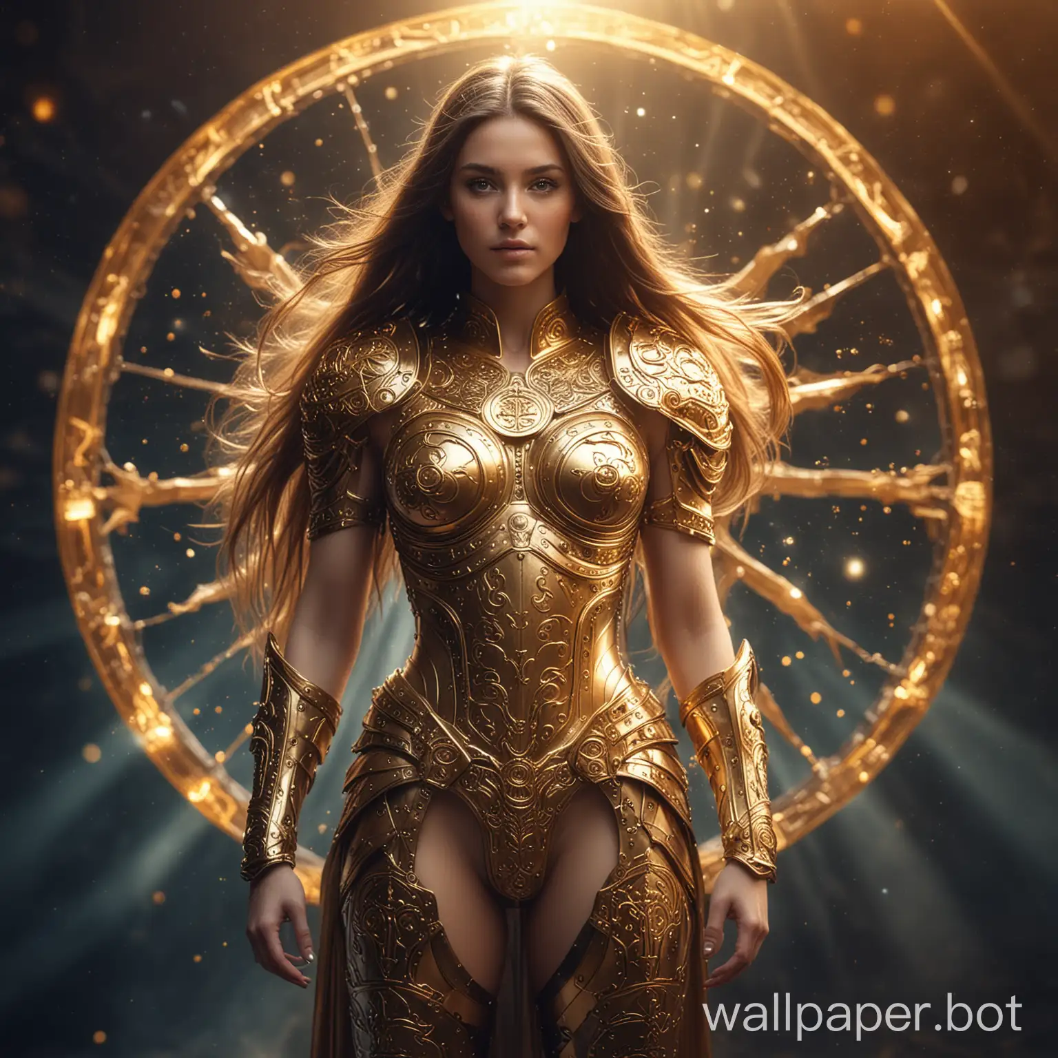 female with gold zodiac armor. long hair. big chest. full body view. ethereal background. hdr effect. lens flare.