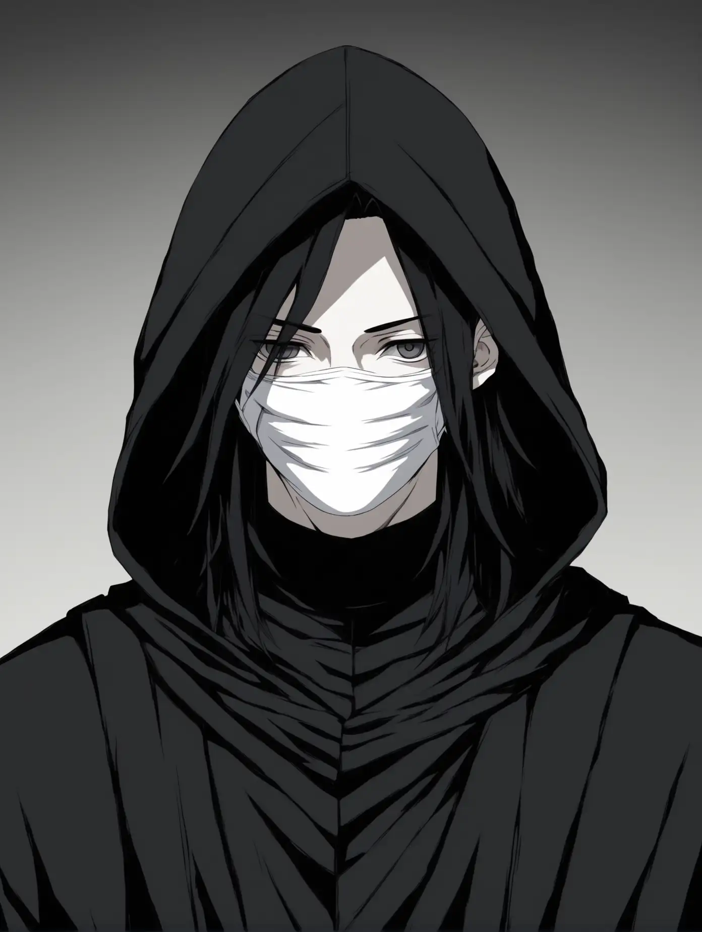 2D anime art. A young man with pale skin, long black hair and dark gray eyes.  Dressed in a black robe with a hood, his face is hidden by a white mask without a nose and mouth (there is a white mask on his face). hides his face. Anime style. 2D. facemask