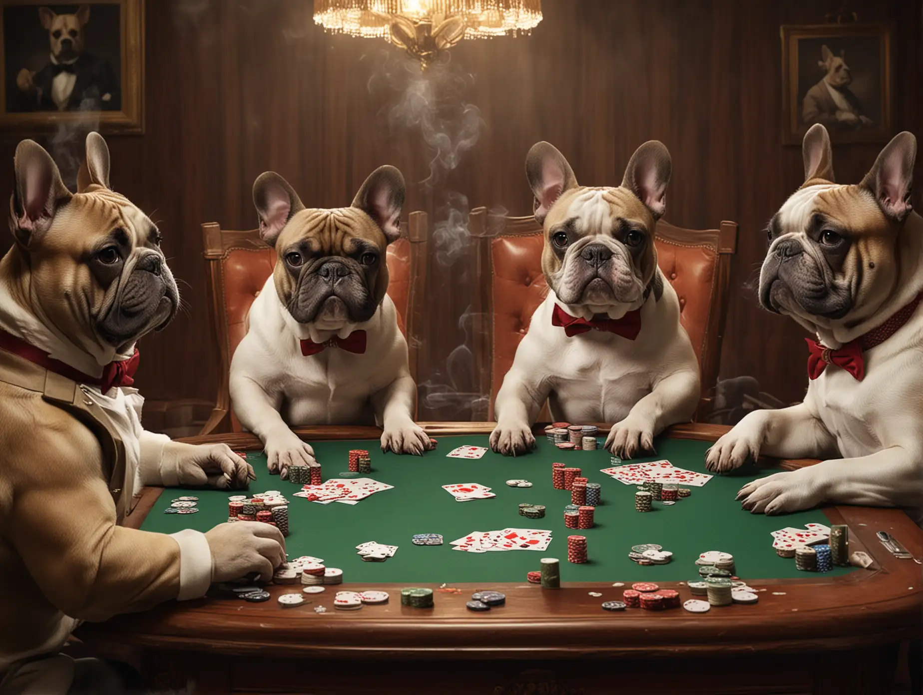 French bulldogs playing poker, smoking cigars, looking all gangsta around the table