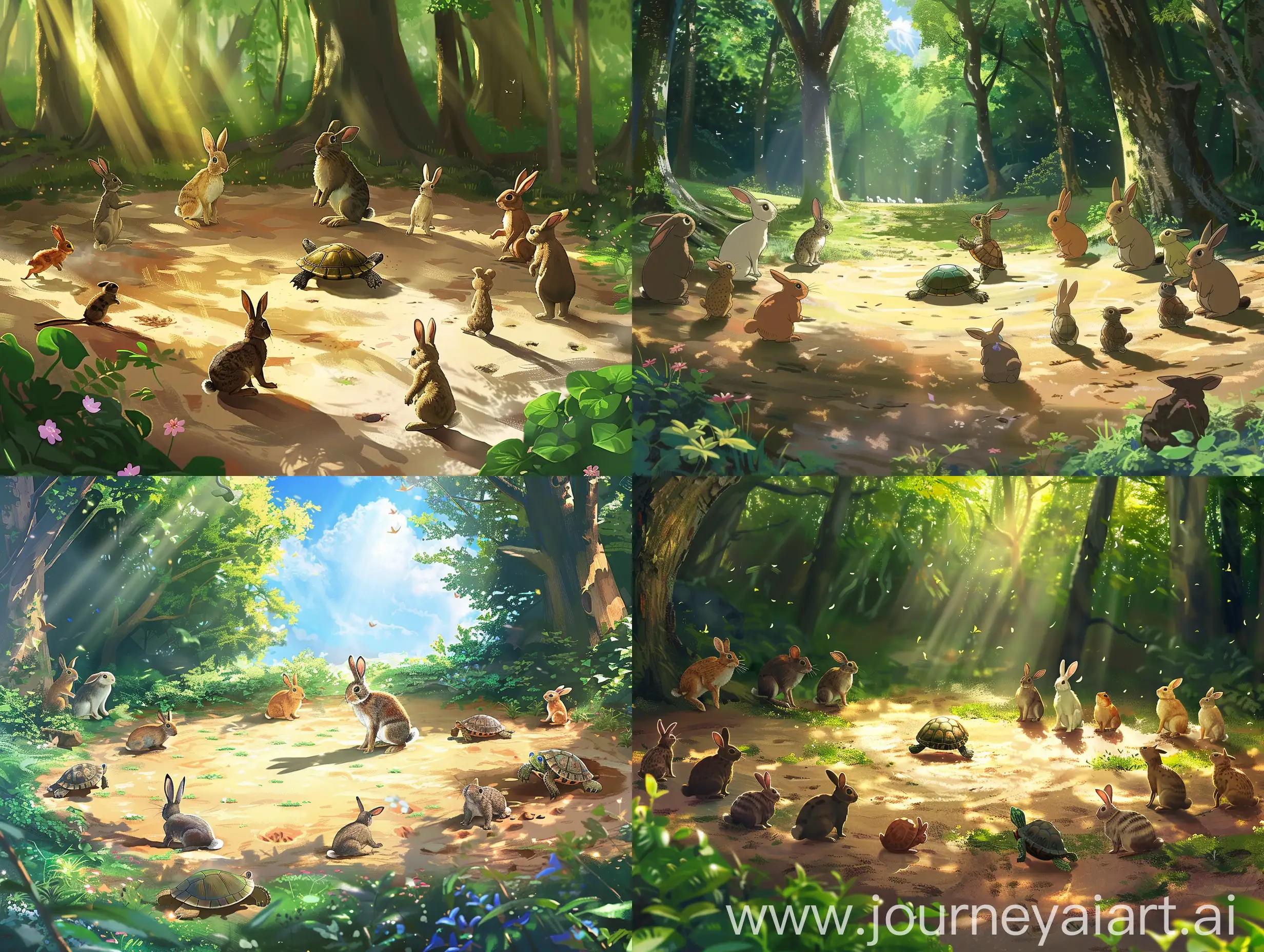 一个阳光明媚的森林空地，各种小动物围成一圈，一只兔子和一只乌龟站在中间，准备开始赛跑。，Q版，皮克斯风格
