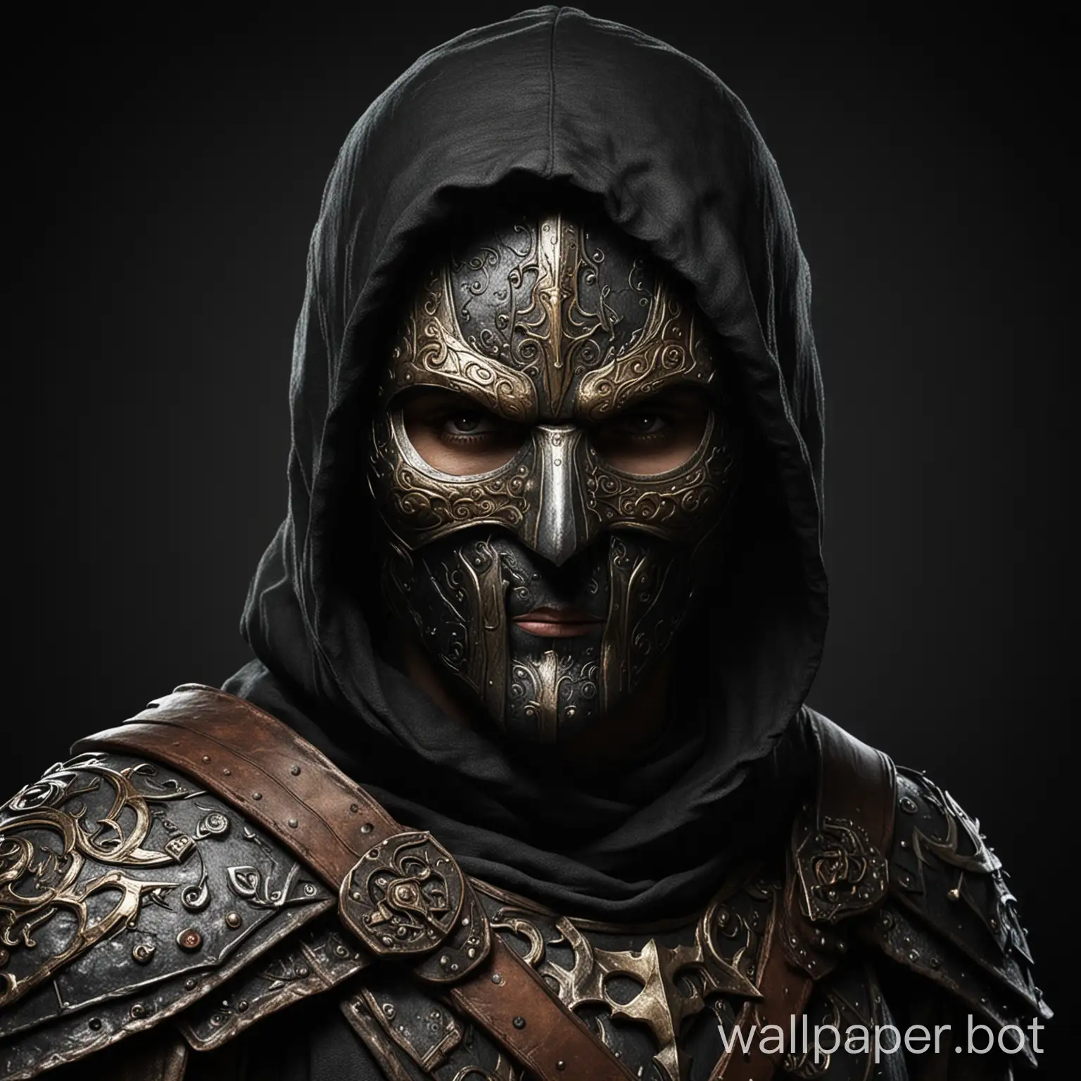 Draw a fantasy medieval avenger hero in a mask on a black background