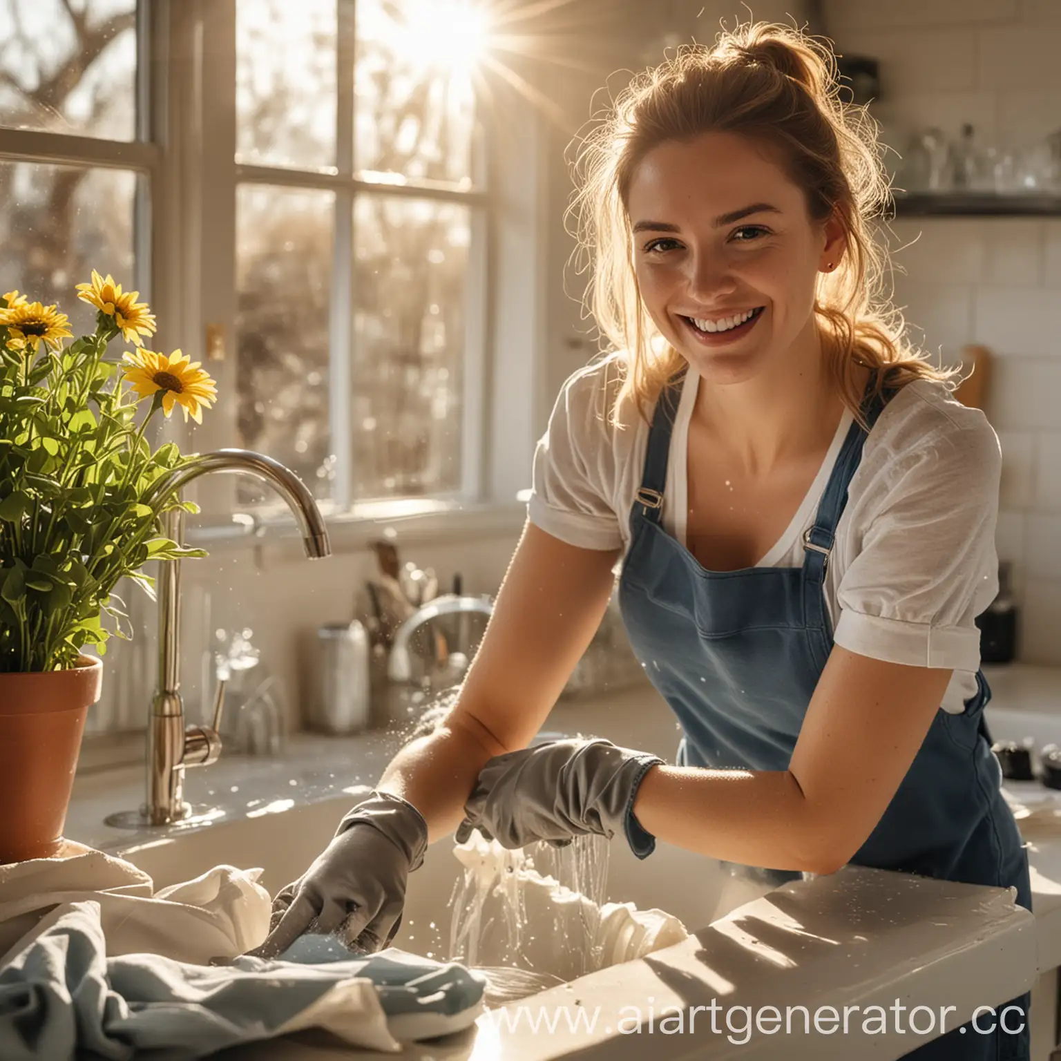 Cheerful-Woman-Washing-Dishes-in-Sunlit-Kitchen