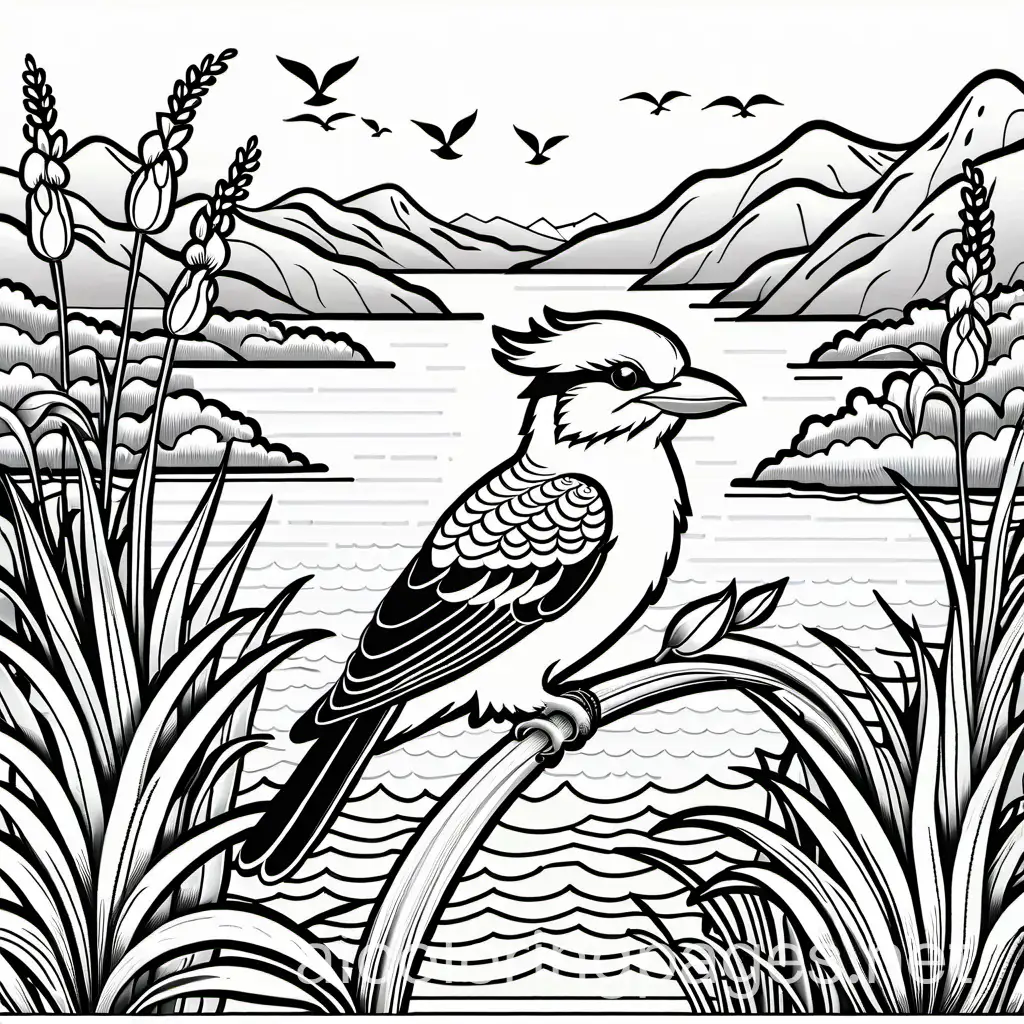 Laughing Kookaburra with iris,lavender,daisy,orchid ,tulips and roses on lake, Coloring Page, black and white, line art, white background, Simplicity, Ample White Space. The background of the coloring page is plain white to make it easy for young children to color within the lines. The outlines of all the subjects are easy to distinguish, making it simple for kids to color without too much difficulty