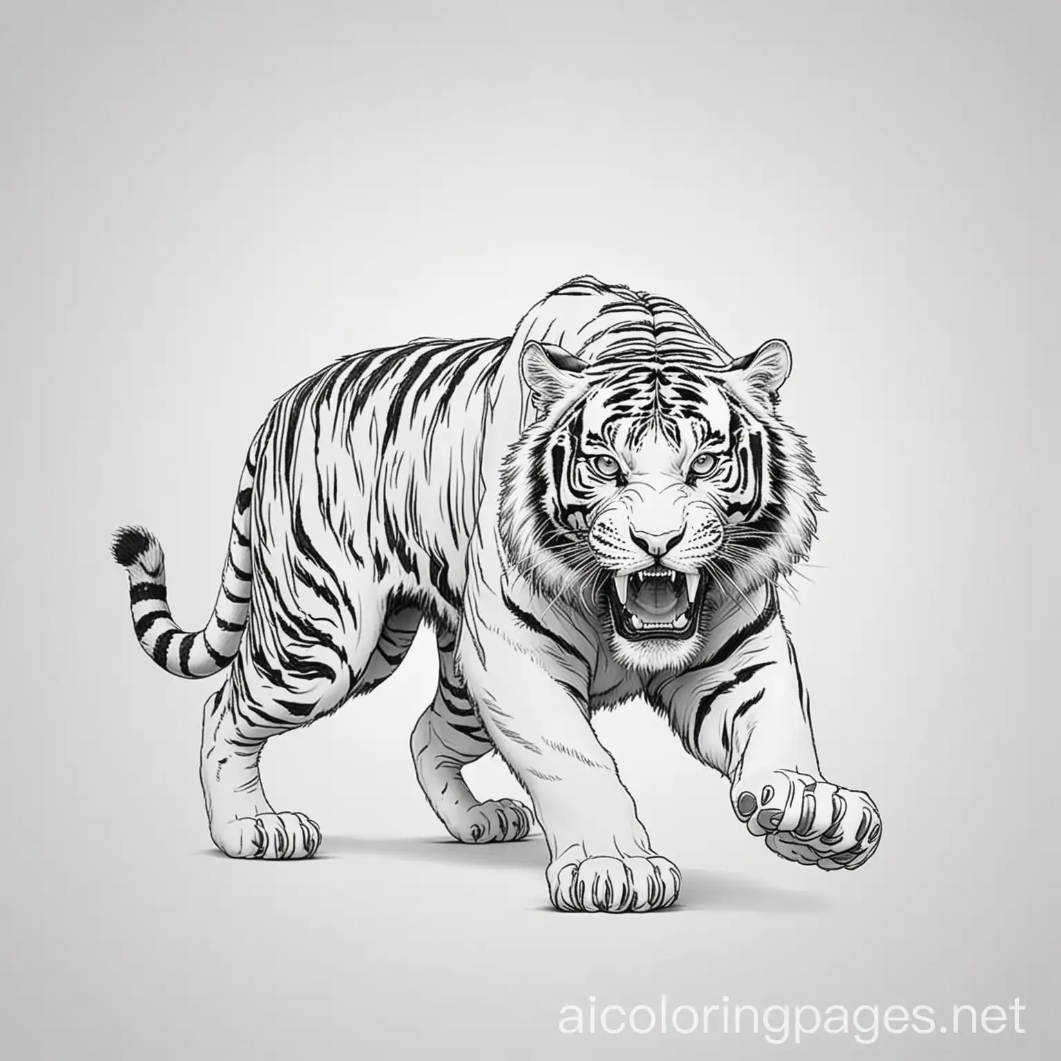 full body of a big big scary tiger who is ready to attack an animal with open mouth. Coloring Page, black and white, line art, white background, Simplicity, Ample White Space. The background of the coloring page is plain white to make it easy for young children to color within the lines. The outlines of all the subjects are easy to distinguish, making it simple for kids to color without too much difficulty, Coloring Page, black and white, line art, white background, Simplicity, Ample White Space. The background of the coloring page is plain white to make it easy for young children to color within the lines. The outlines of all the subjects are easy to distinguish, making it simple for kids to color without too much difficulty, Coloring Page, black and white, line art, white background, Simplicity, Ample White Space. The background of the coloring page is plain white to make it easy for young children to color within the lines. The outlines of all the subjects are easy to distinguish, making it simple for kids to color without too much difficulty