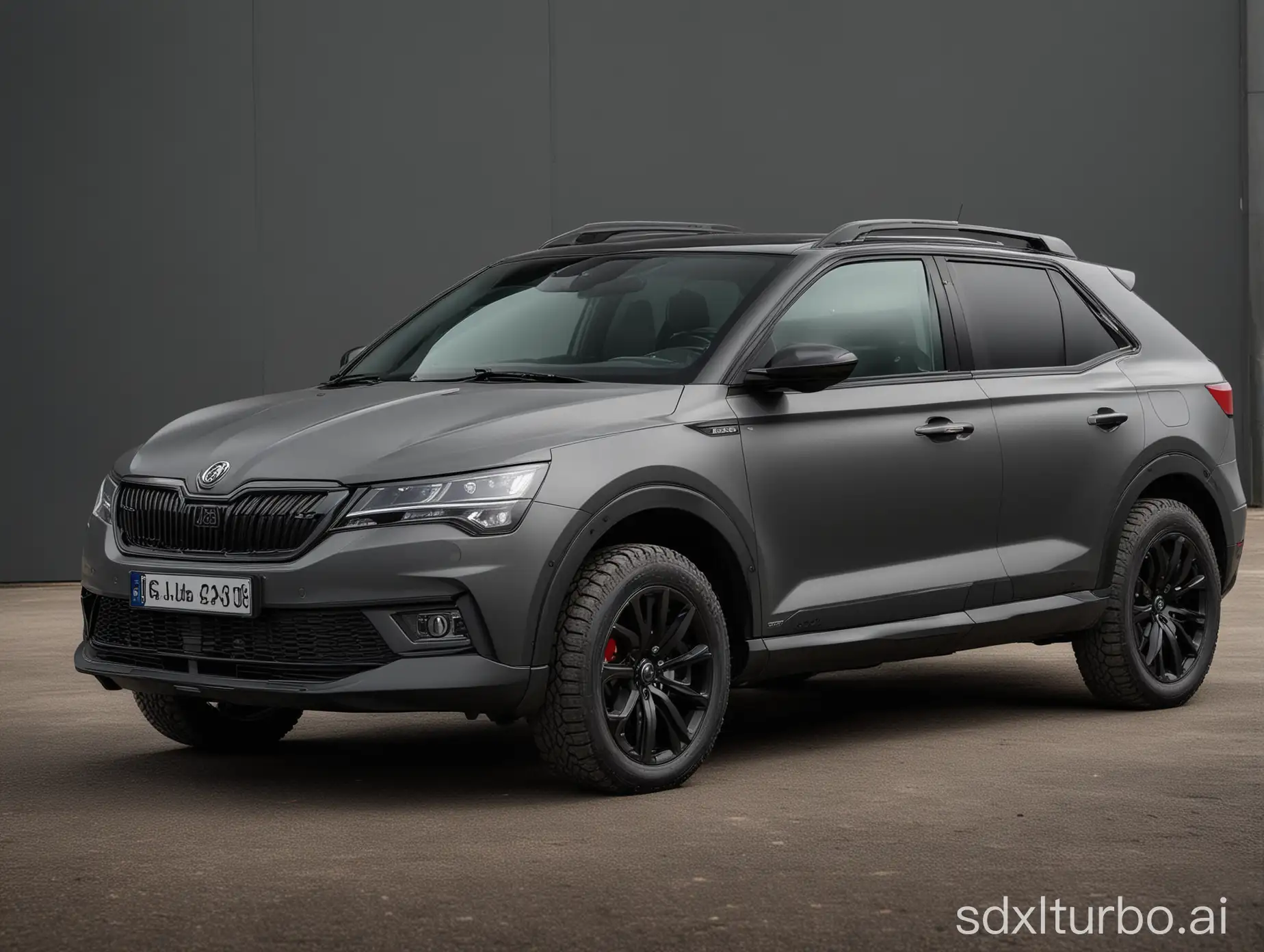 professional portrait shot of Skoda Camiq, model 2019. Dark matte Ash grey paint. Equipped with Off road front bumper. off road wheels, off road roof racks, off road running board