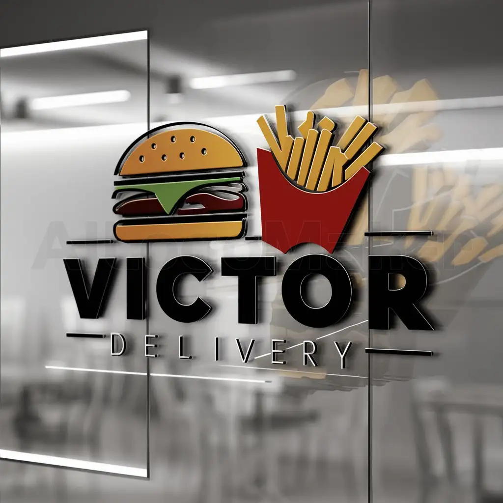 a logo design,with the text "VICTOR DELIVERY", main symbol:hambúrguer and fries,complex,be used in Restaurant industry,clear background