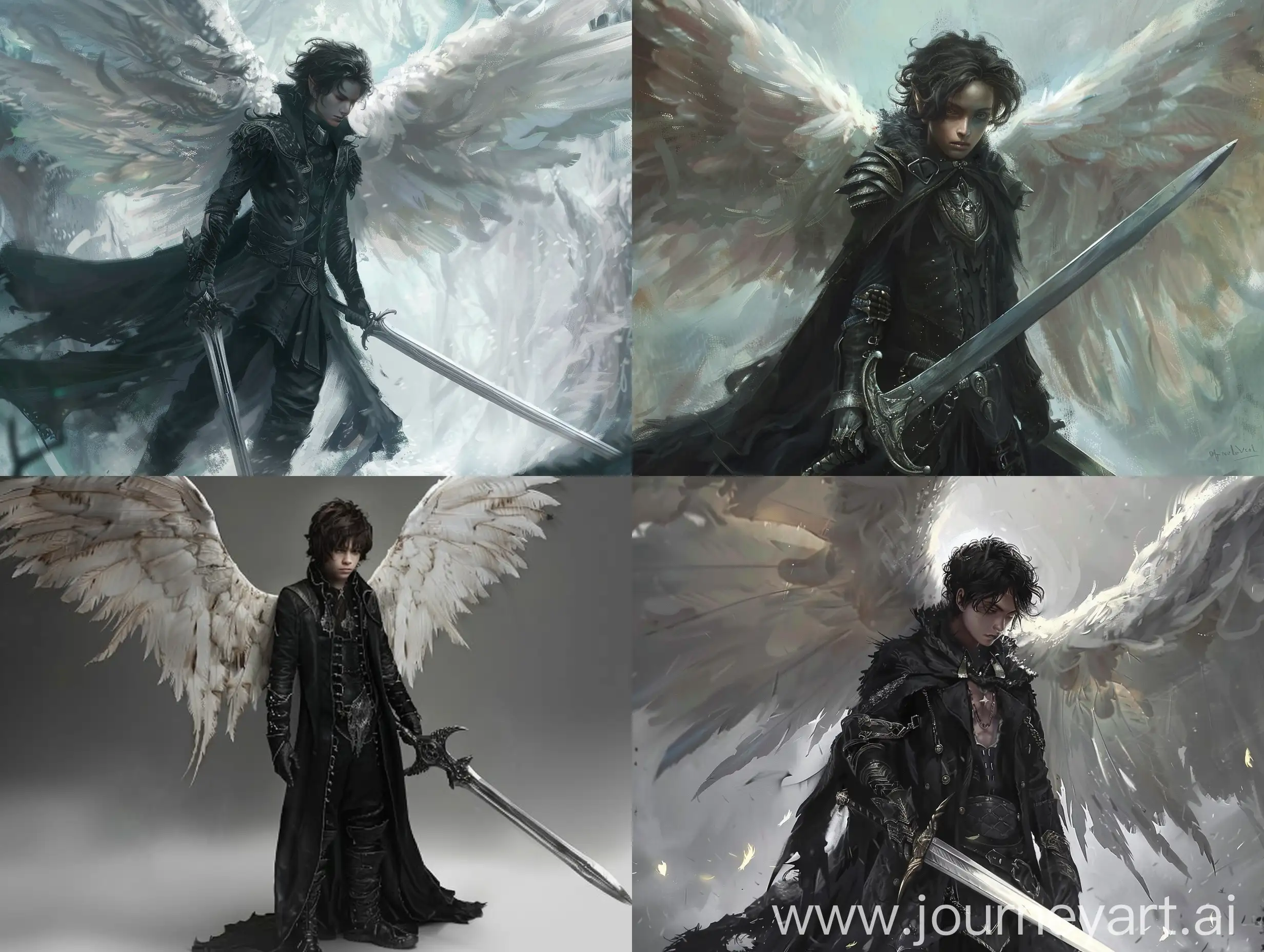 Парень фея фентези черное пальто воин с мечом блестящие белые крылья рост с человека